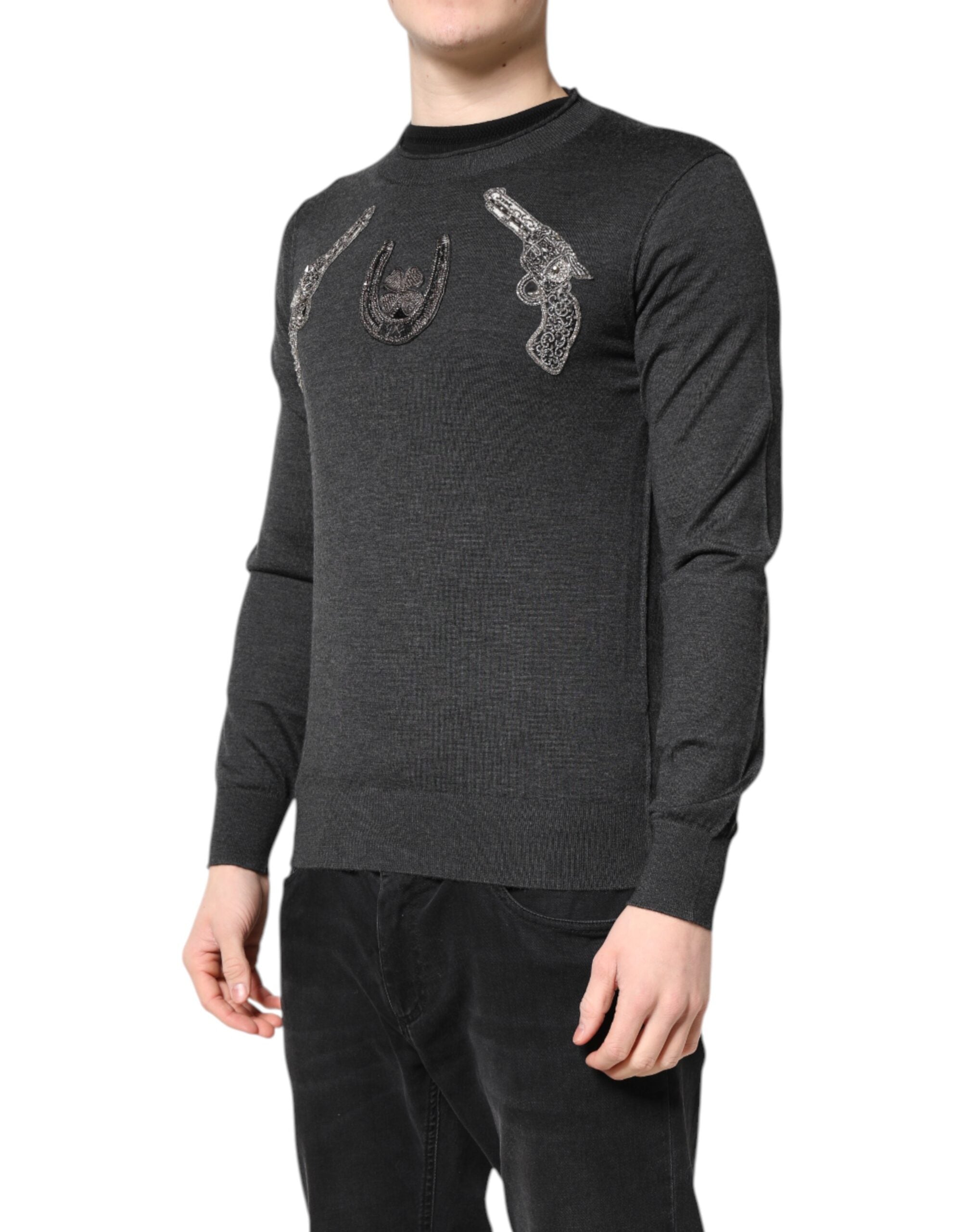 Gray Embroidery Knit Men Pullover Sweater - ventzia
