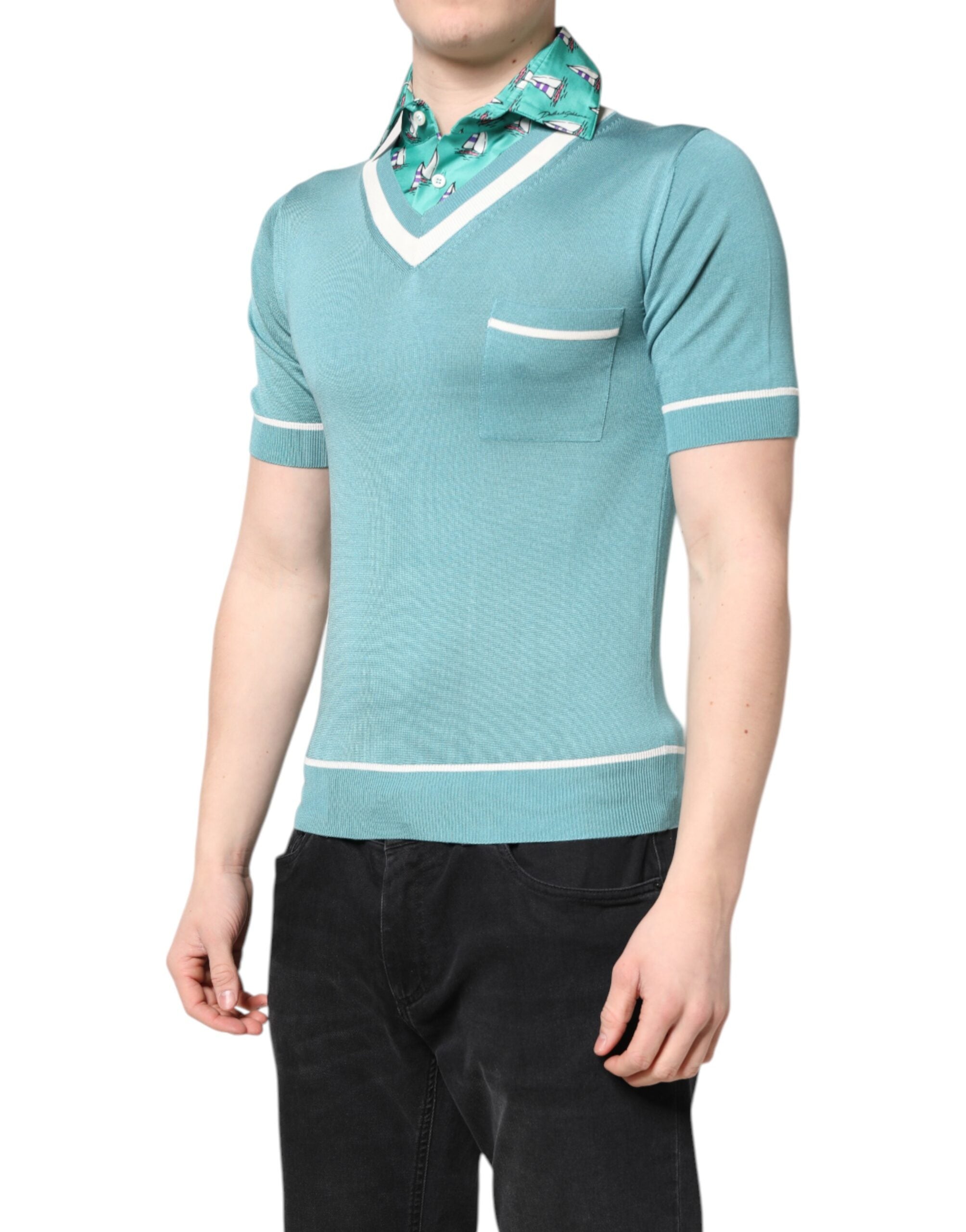 Green Printed Collared Short Sleeve T-shirt - ventzia
