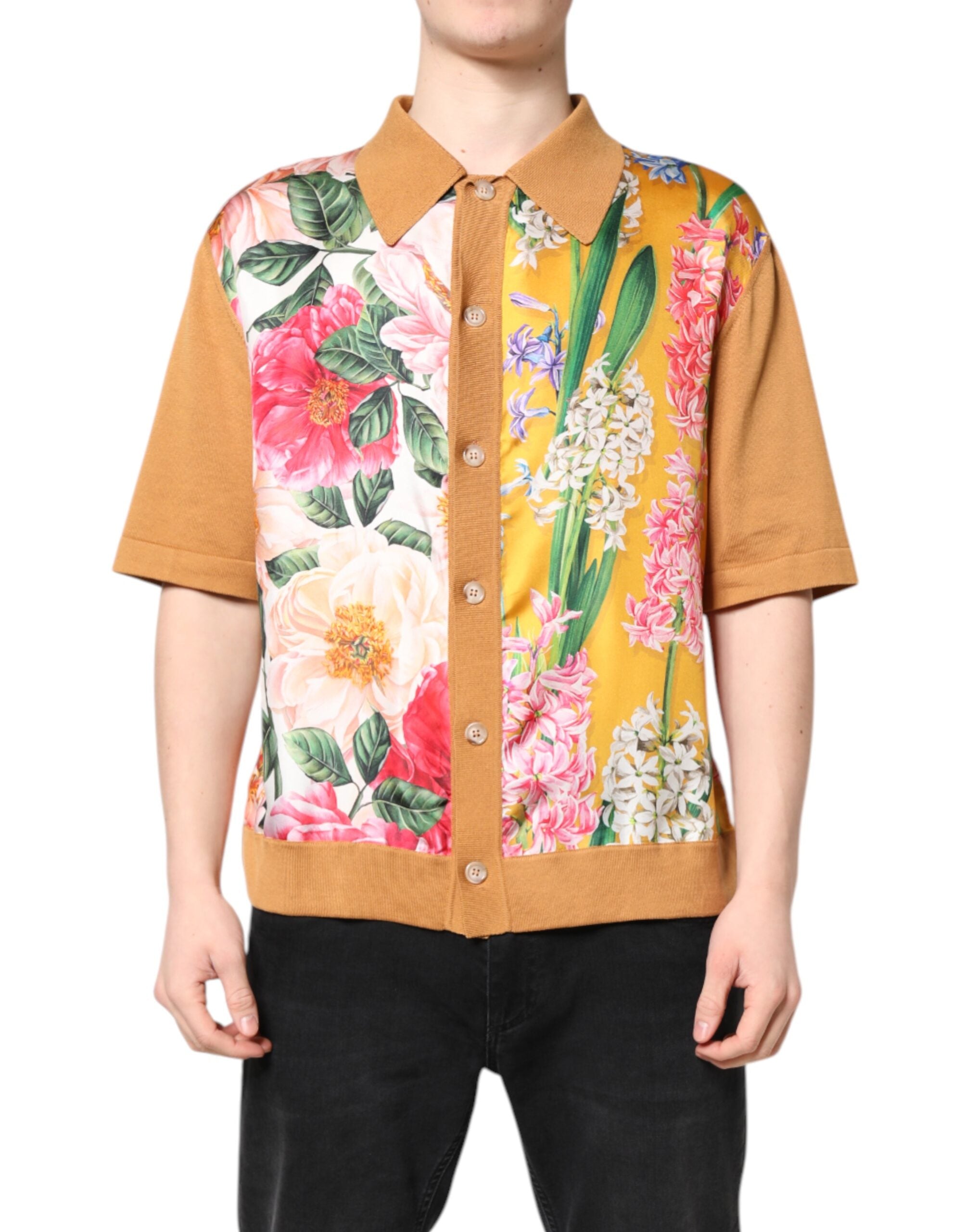Brown Floral Collared Short Sleeve T-shirt - ventzia