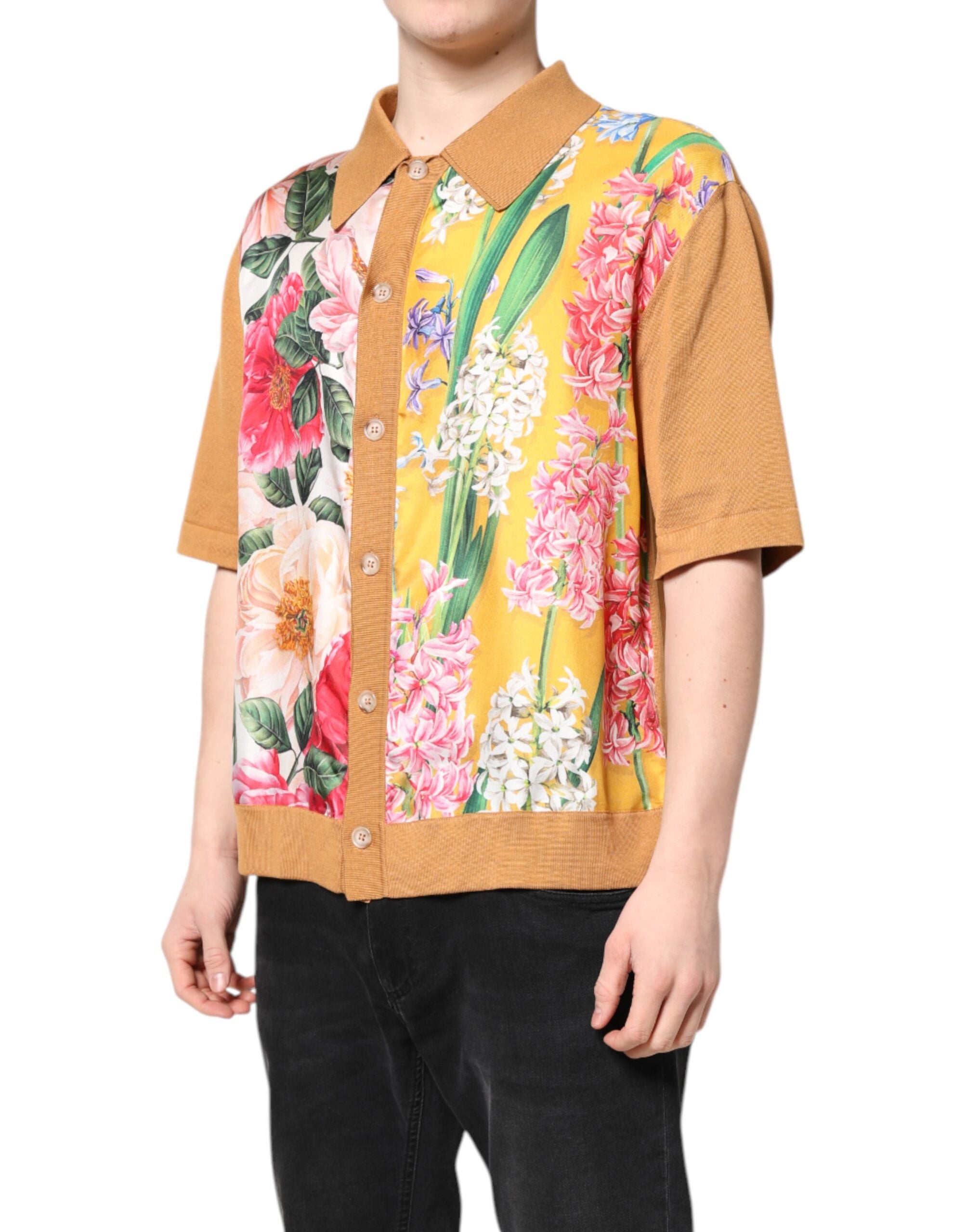 Brown Floral Collared Short Sleeve T-shirt - ventzia