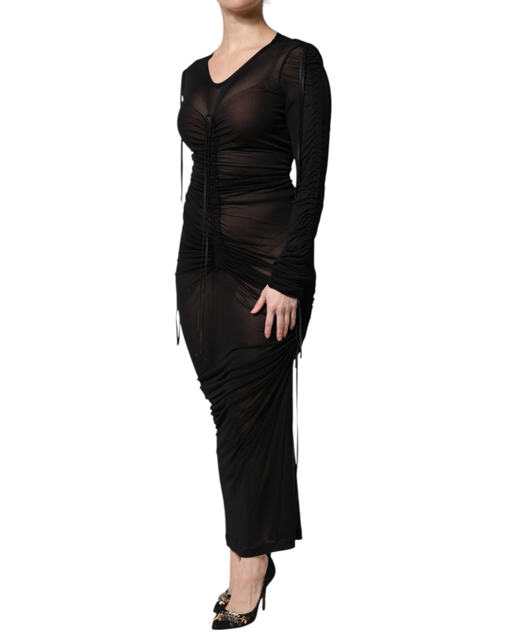 Black Mesh Trim Bodycon Long Sheath Dress - ventzia