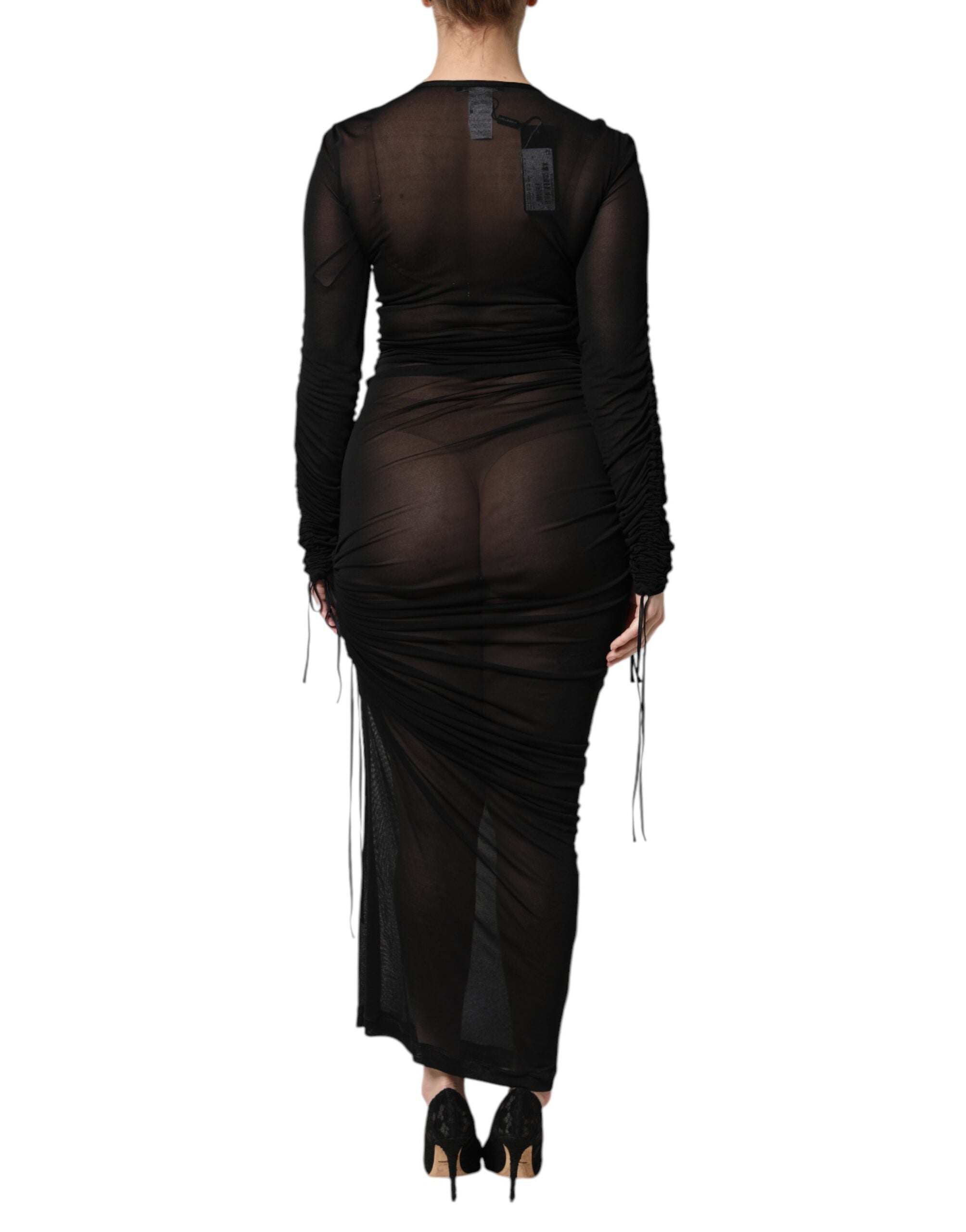 Black Mesh Trim Bodycon Long Sheath Dress - ventzia