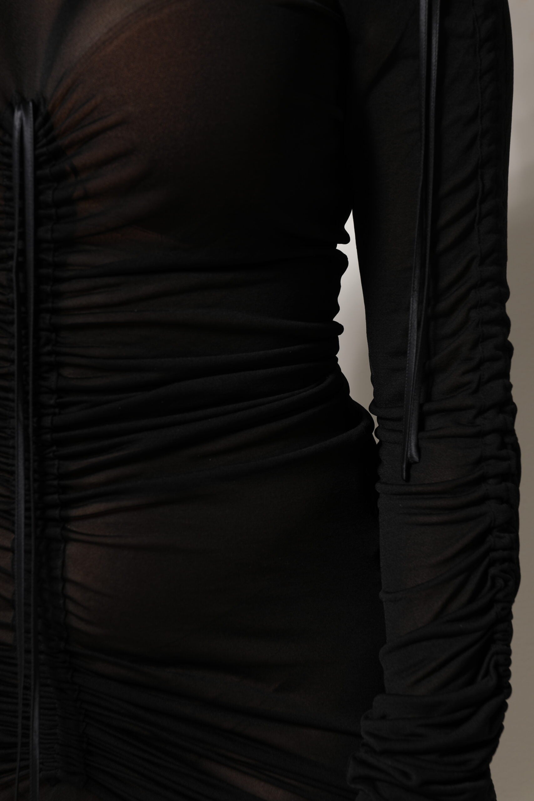 Black Mesh Trim Bodycon Long Sheath Dress - ventzia