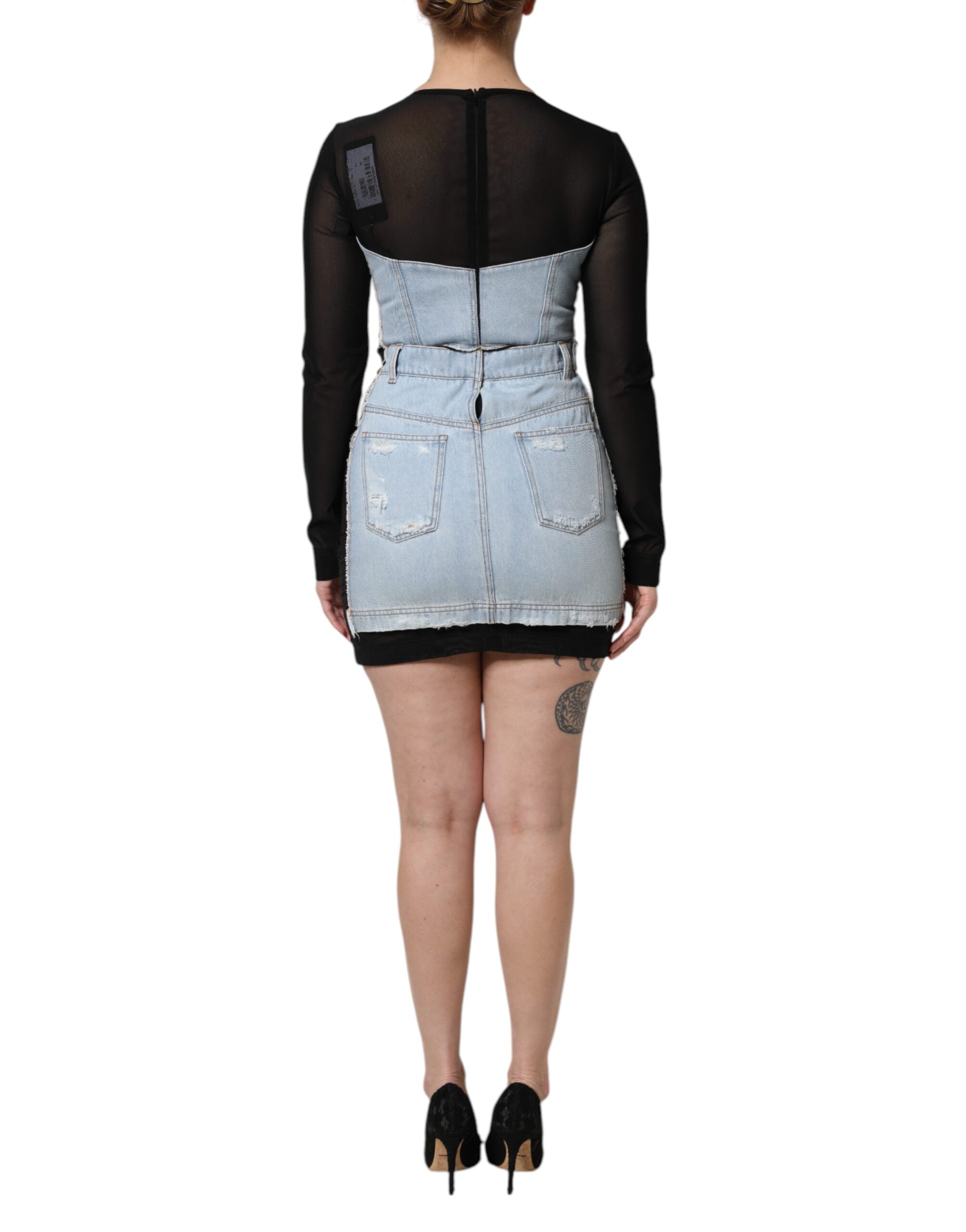 Black Blue Long Sleeves Denim Mini Dress - ventzia