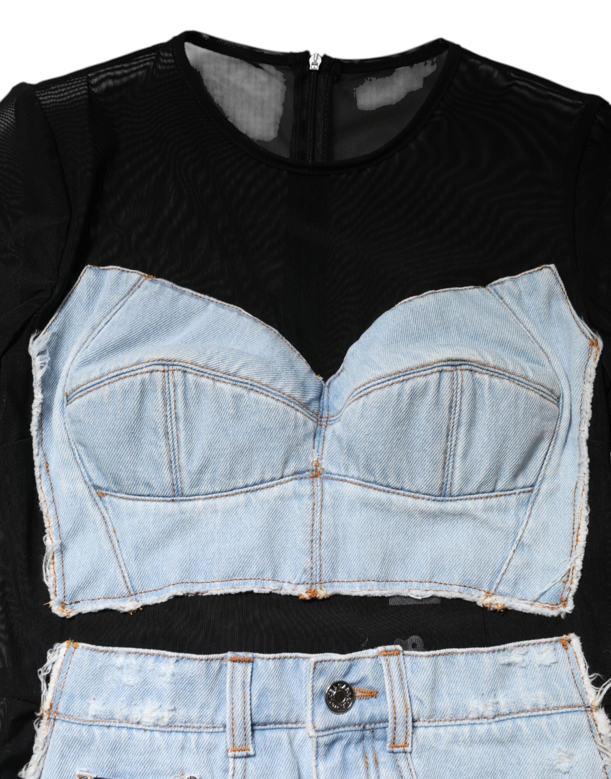 Black Blue Long Sleeves Denim Mini Dress - ventzia
