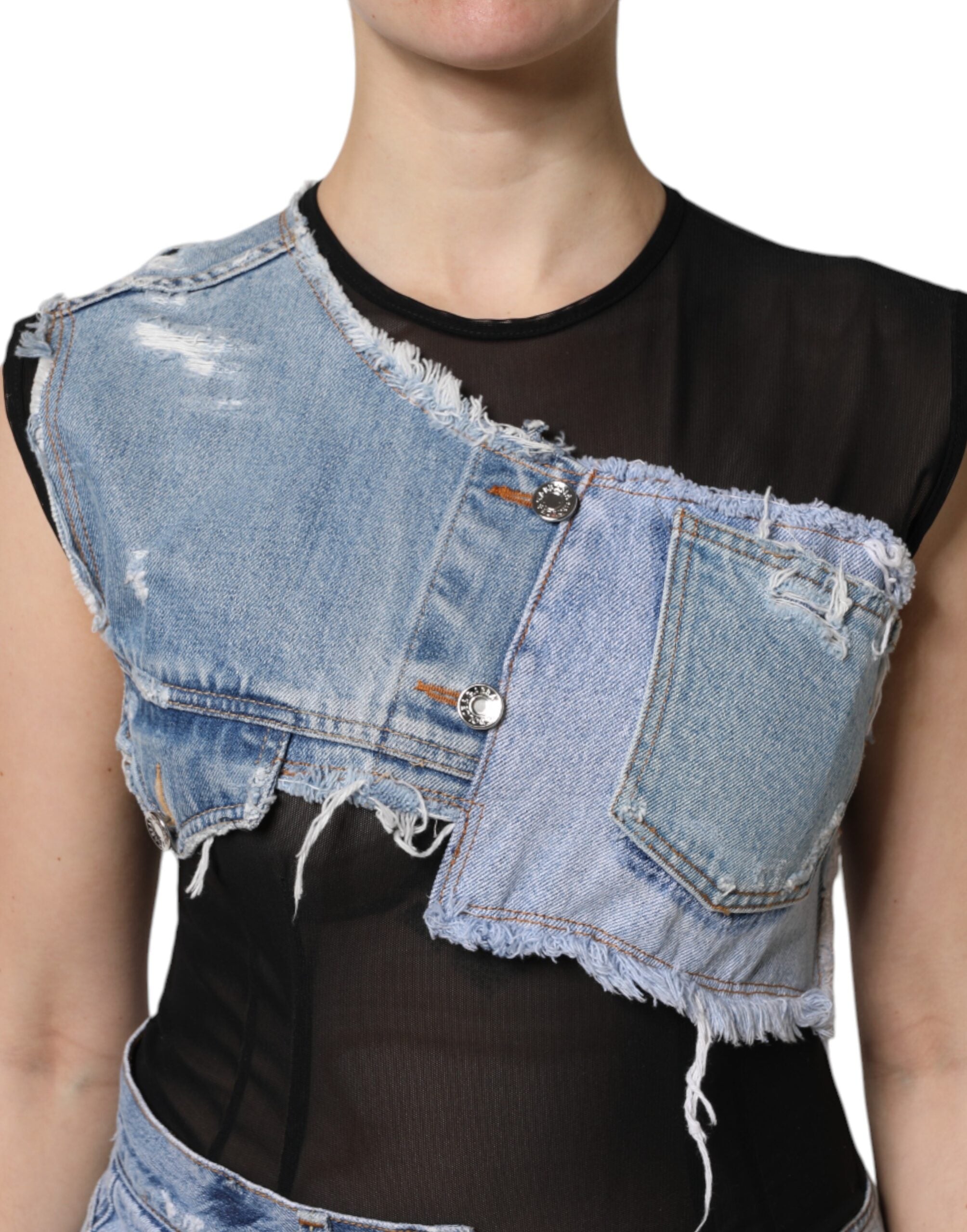 Black Blue Sleeveless Denim Mini Dress - ventzia