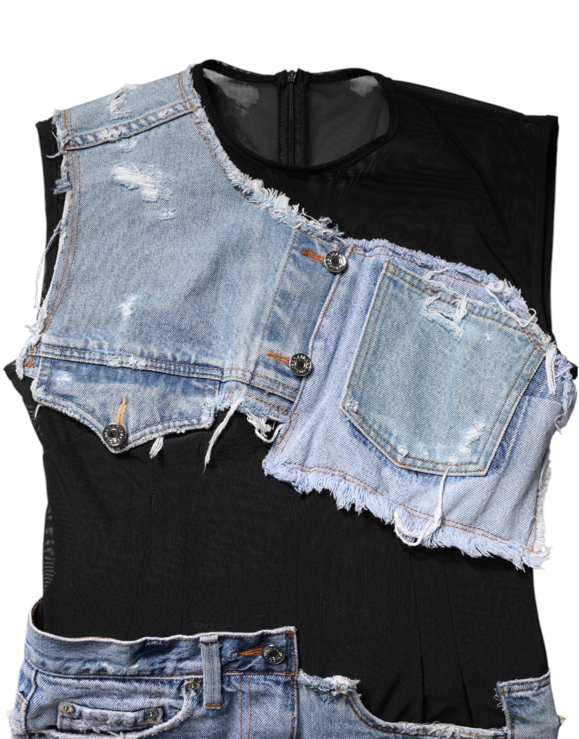 Black Blue Sleeveless Denim Mini Dress - ventzia