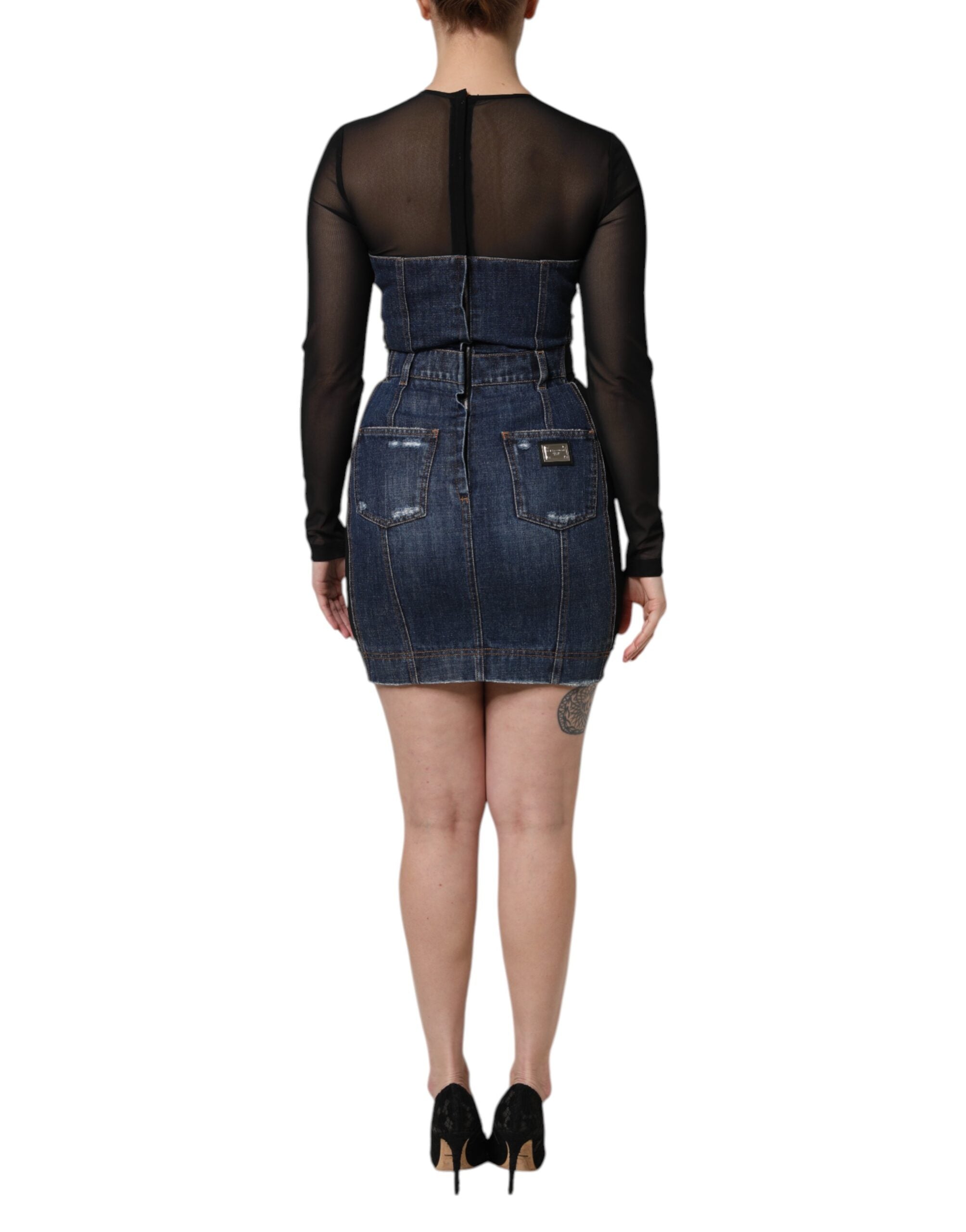 Black Blue Long Sleeves Denim Mini Dress - ventzia