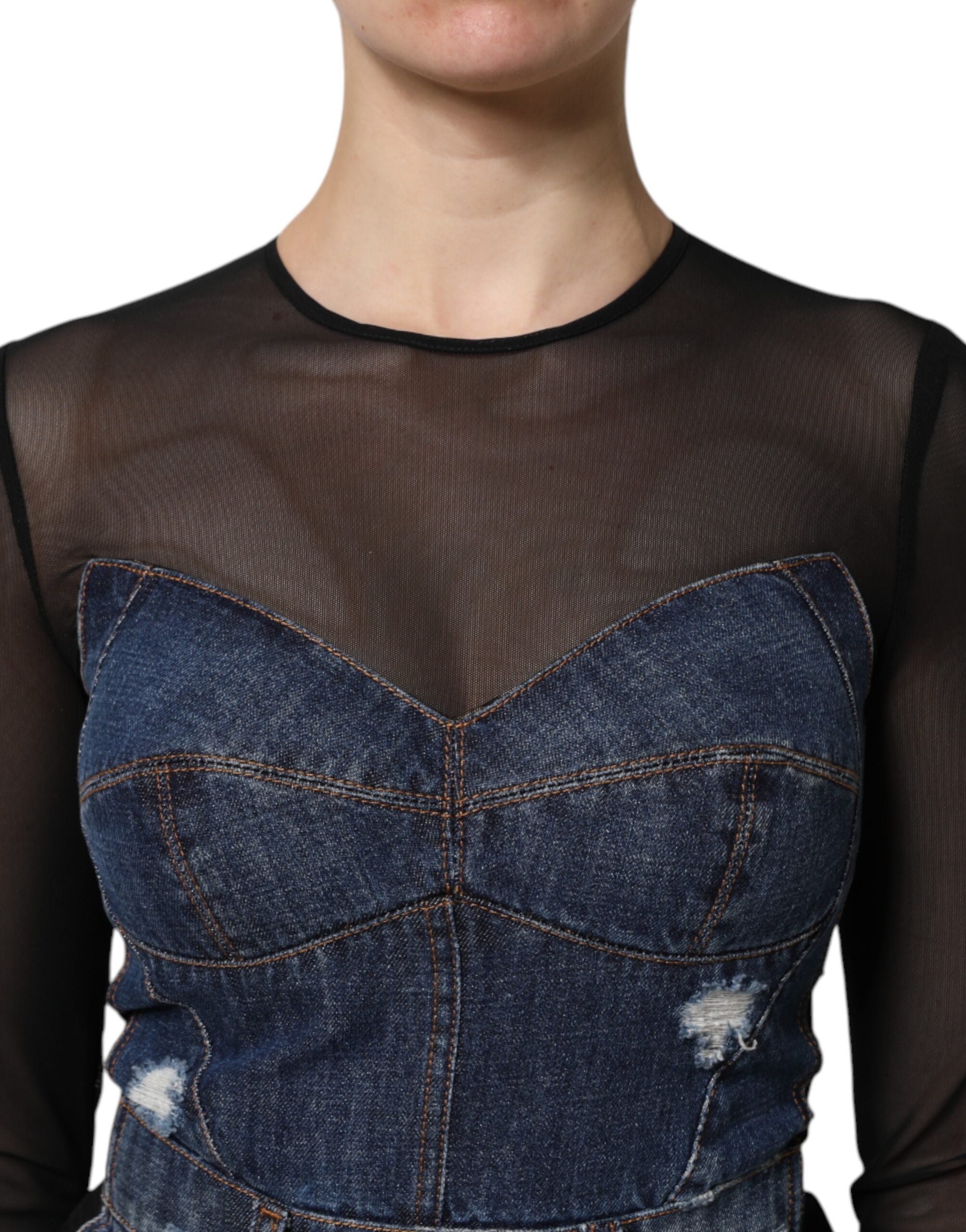 Black Blue Long Sleeves Denim Mini Dress - ventzia