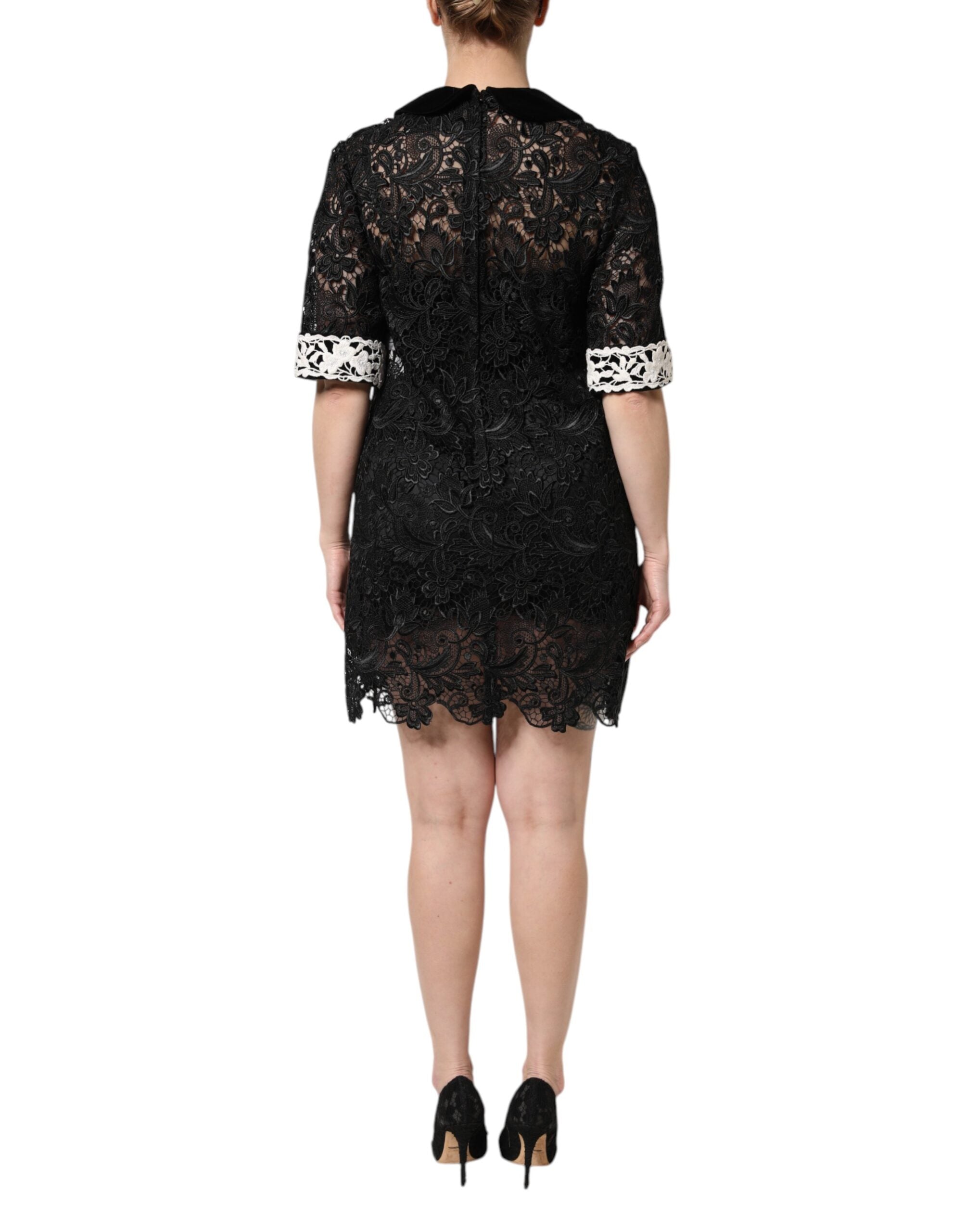 Black Floral Lace Embellished Mini Dress - ventzia