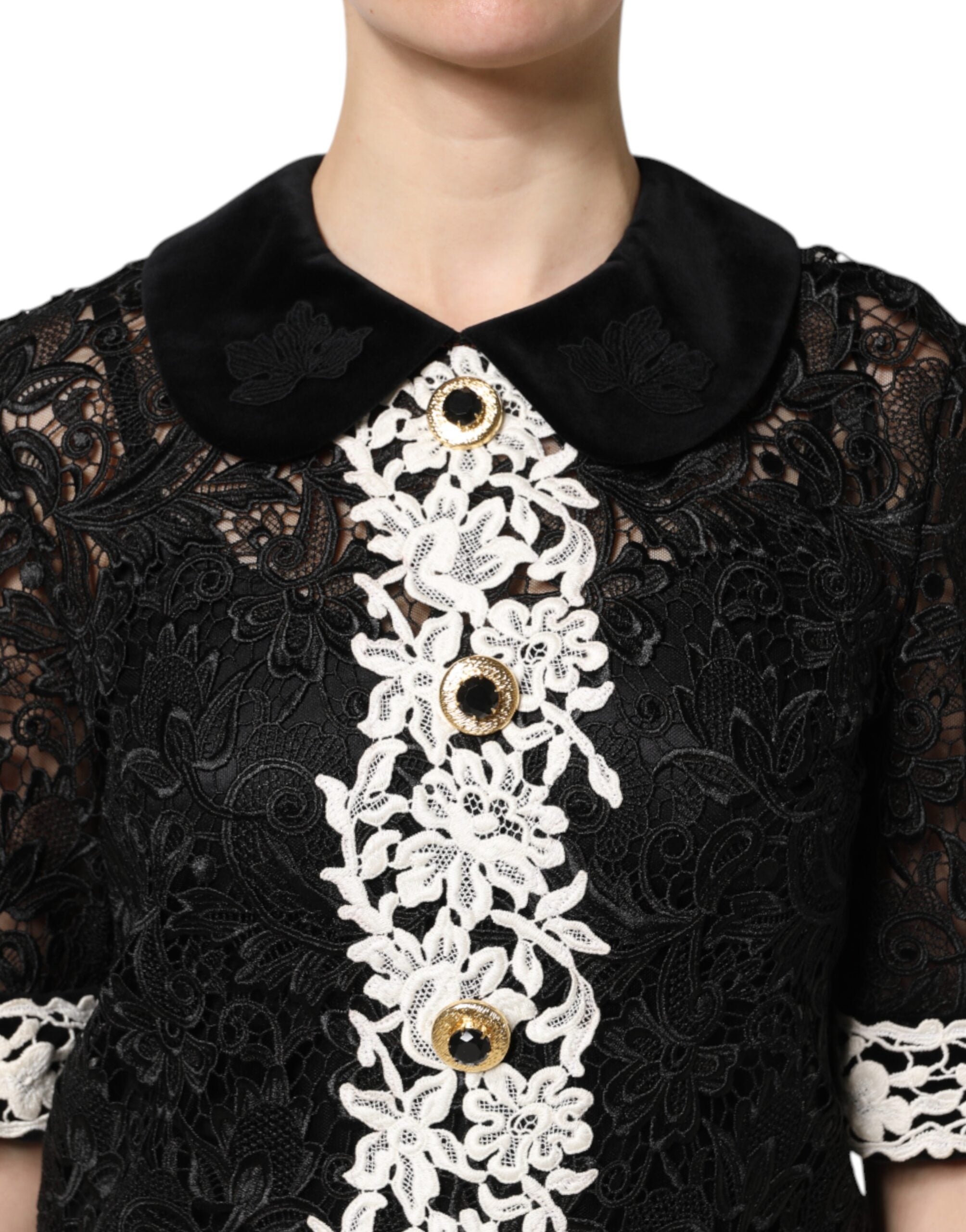 Black Floral Lace Embellished Mini Dress - ventzia
