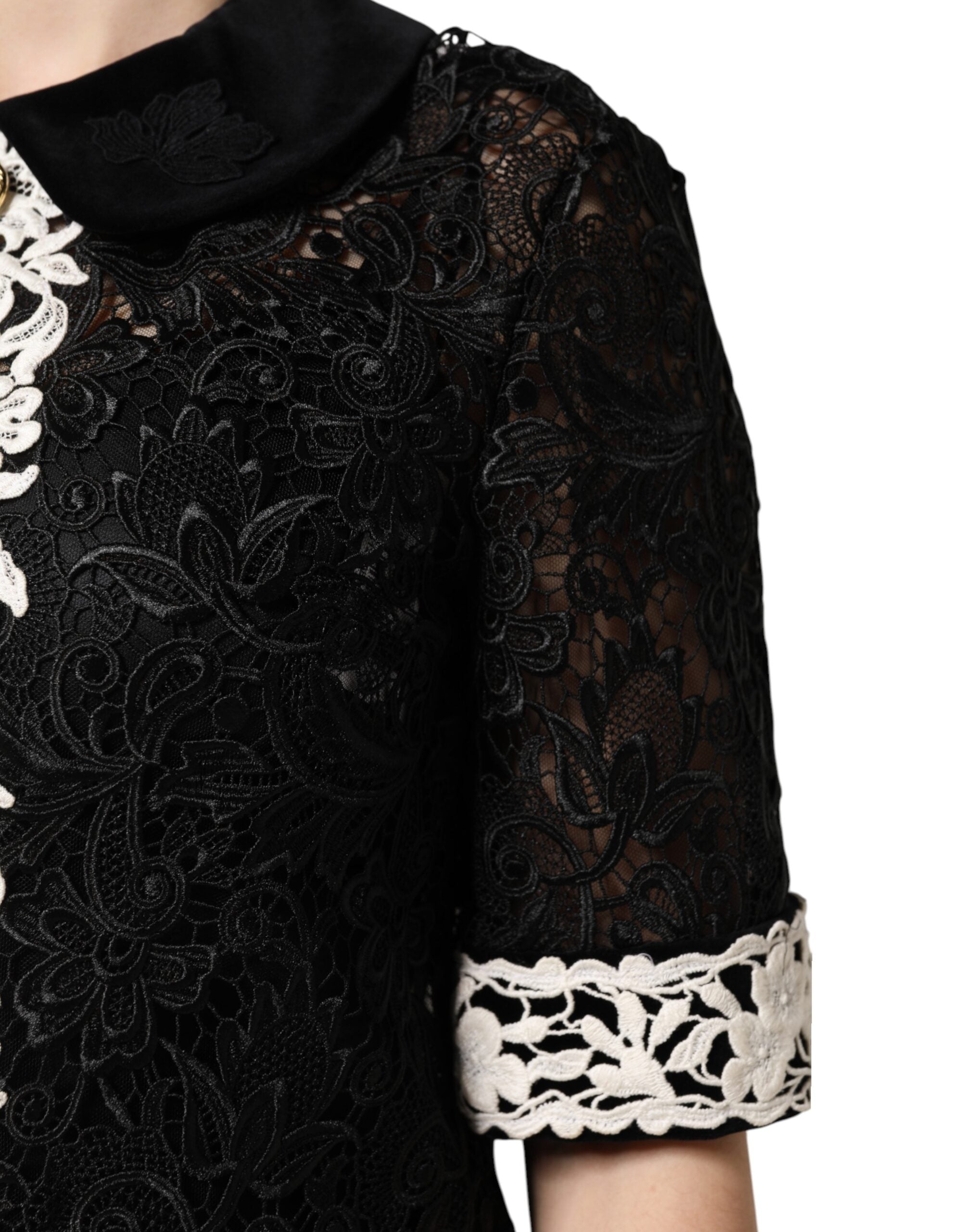 Black Floral Lace Embellished Mini Dress - ventzia