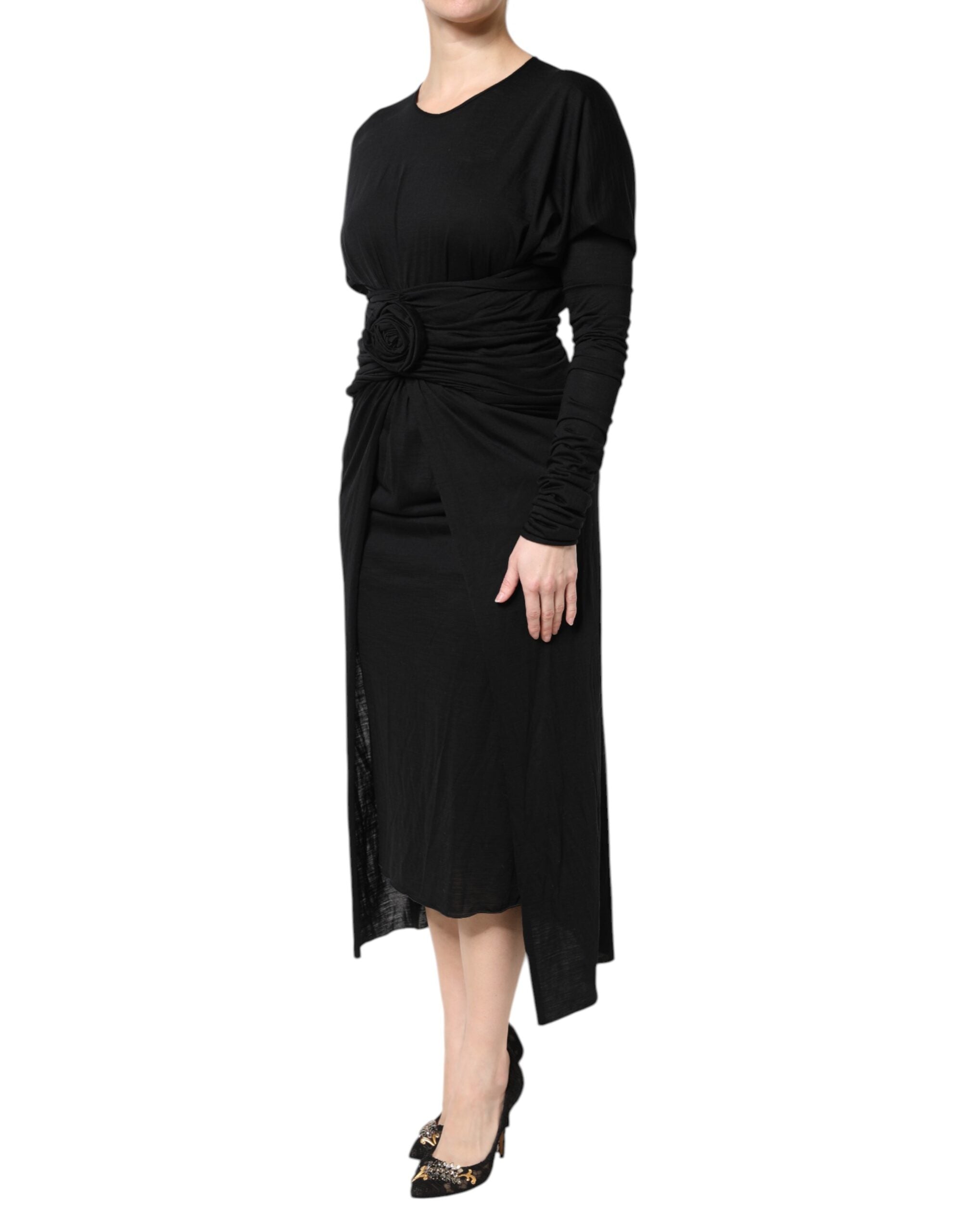 Black Wool Long Sleeves Sheath Midi Dress - ventzia