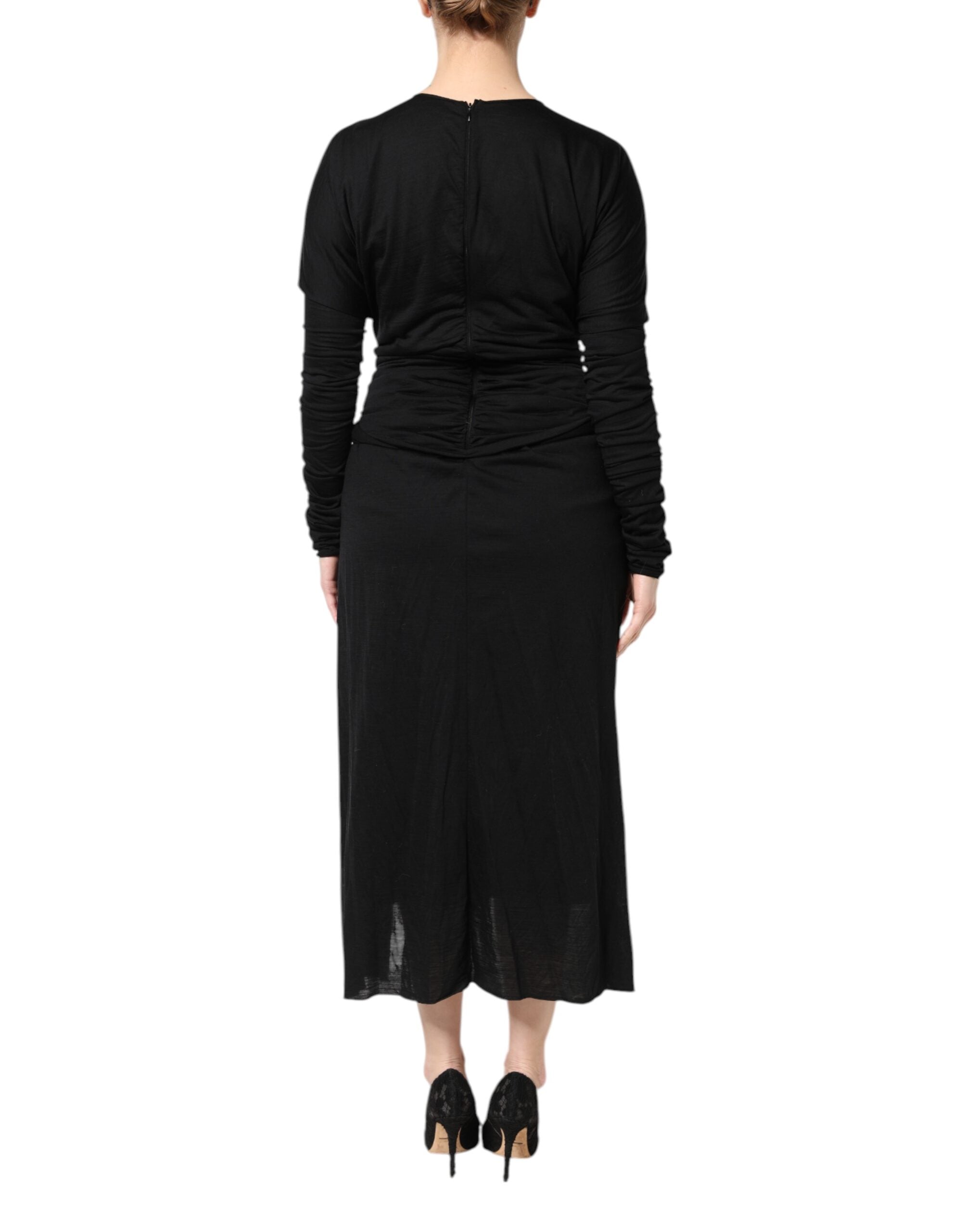 Black Wool Long Sleeves Sheath Midi Dress - ventzia