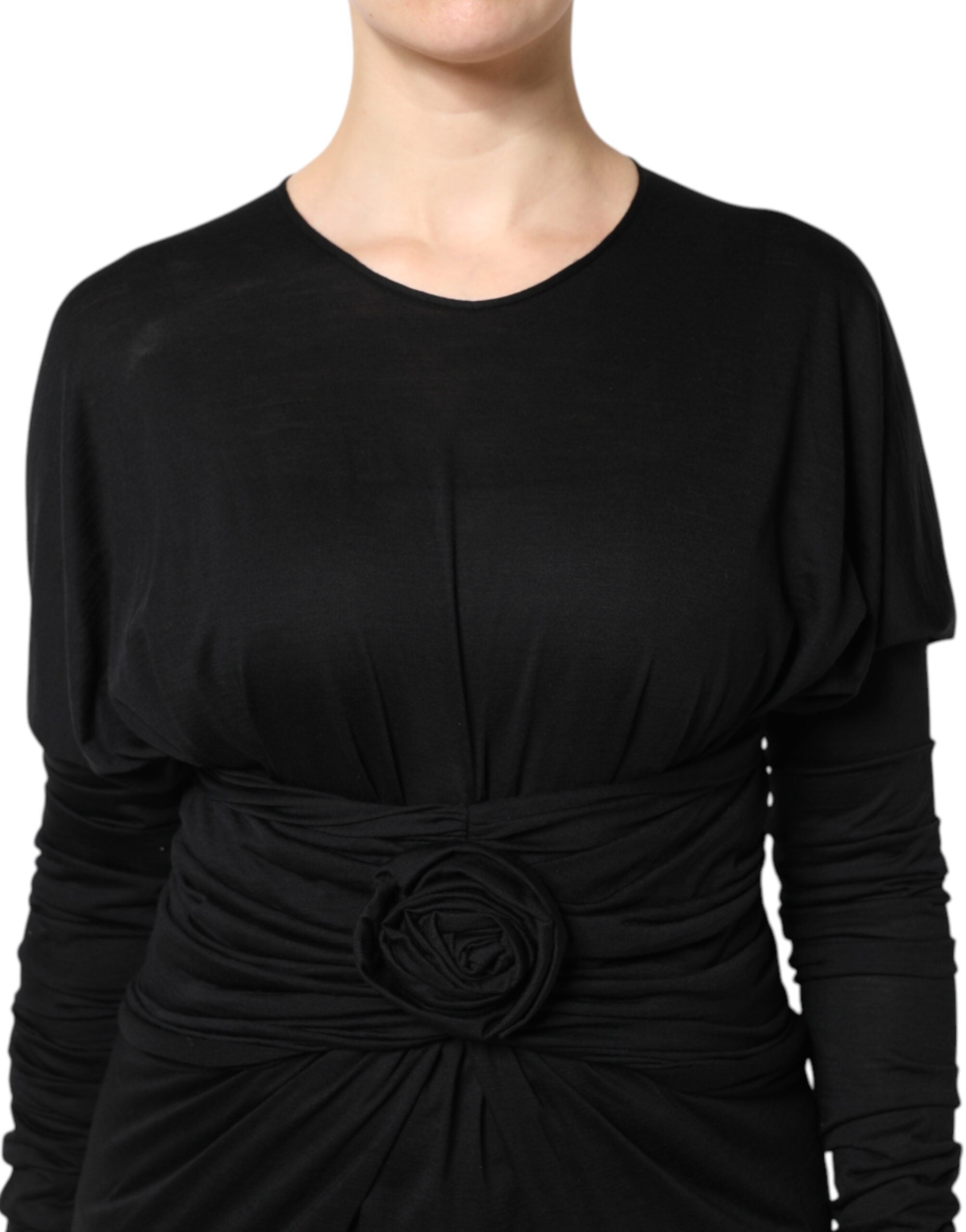 Black Wool Long Sleeves Sheath Midi Dress - ventzia