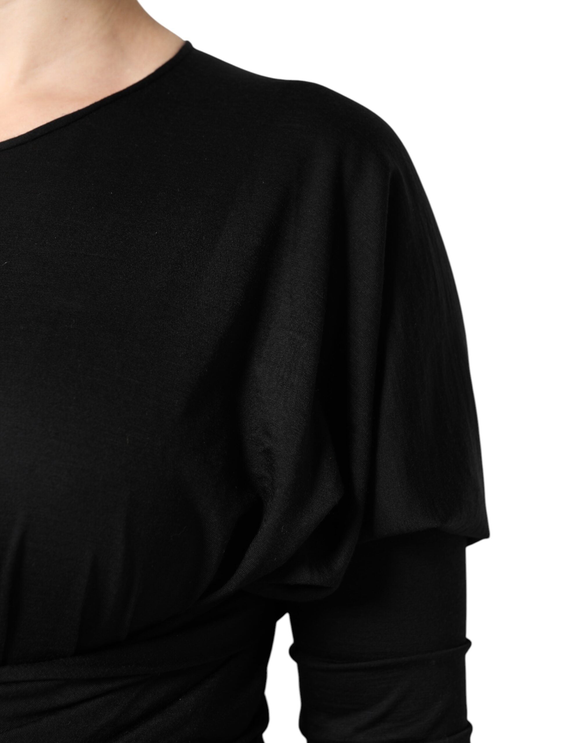 Black Wool Long Sleeves Sheath Midi Dress - ventzia