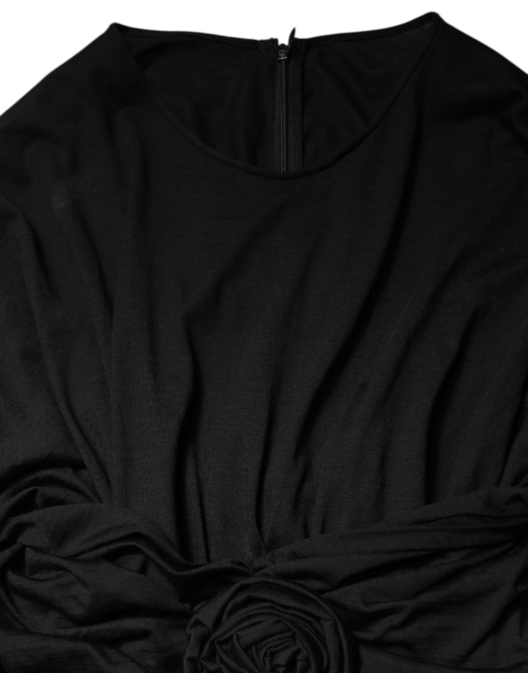 Black Wool Long Sleeves Sheath Midi Dress - ventzia