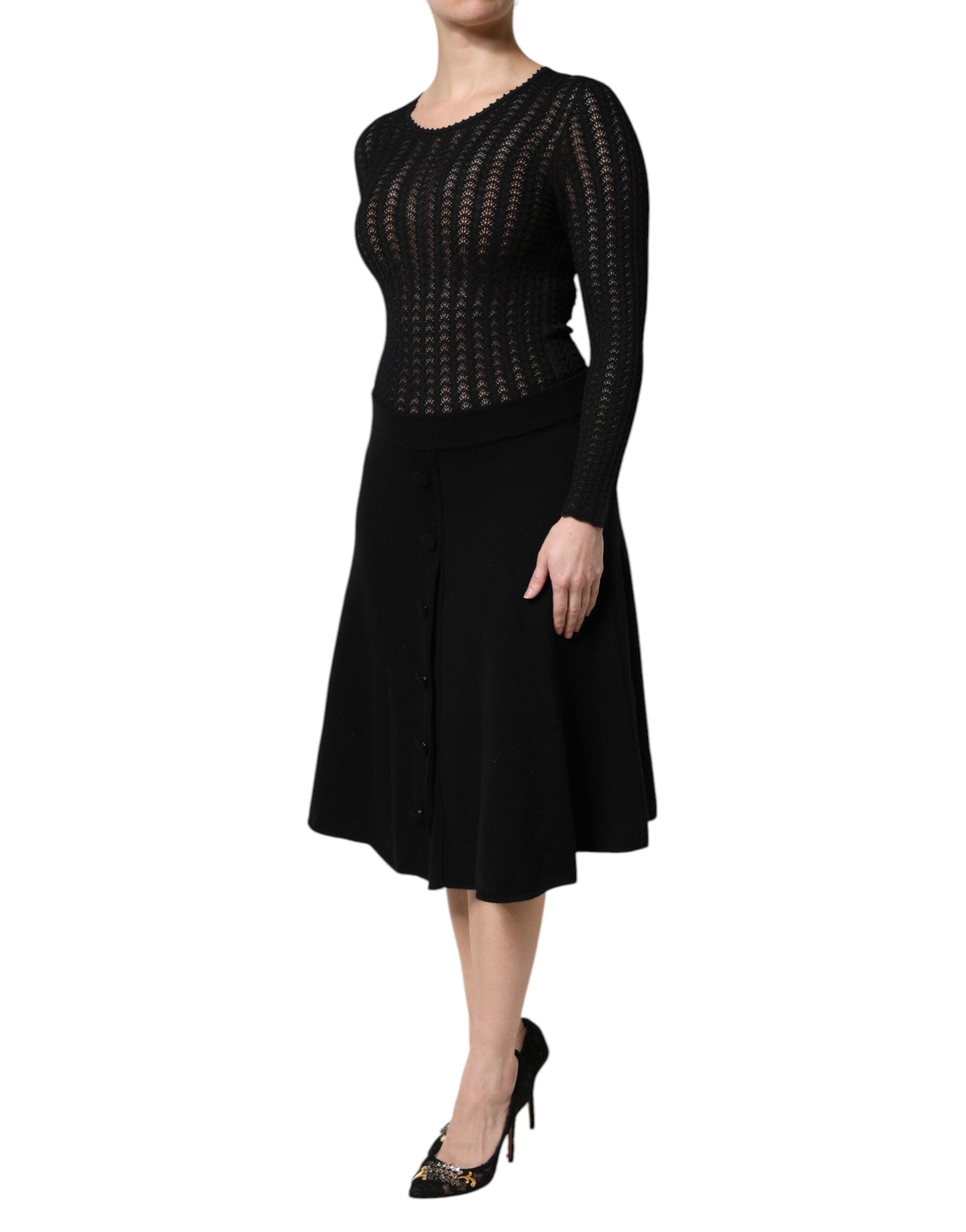 Black Cashmere Long Sleeves A-line Midi Dress - ventzia