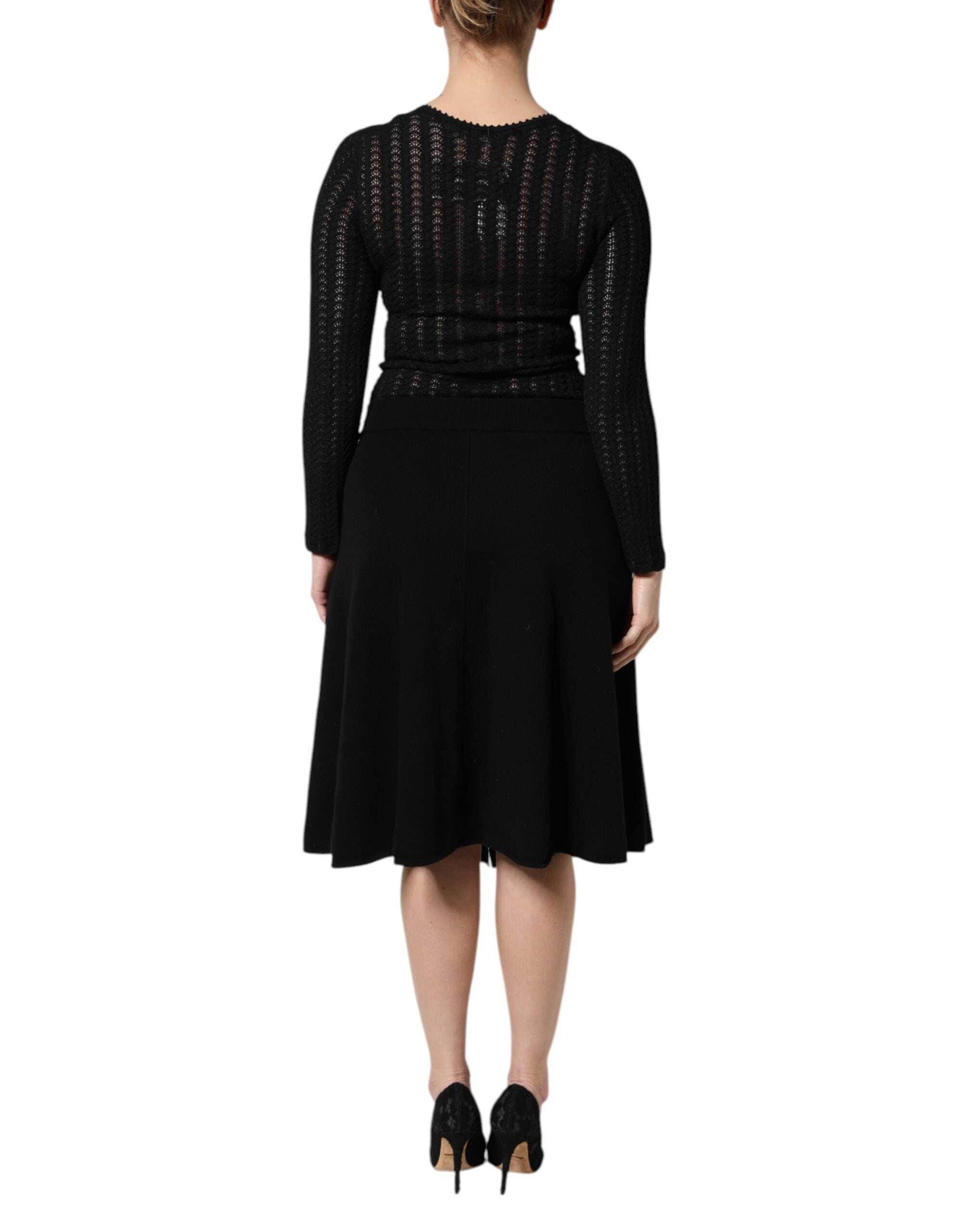 Black Cashmere Long Sleeves A-line Midi Dress - ventzia