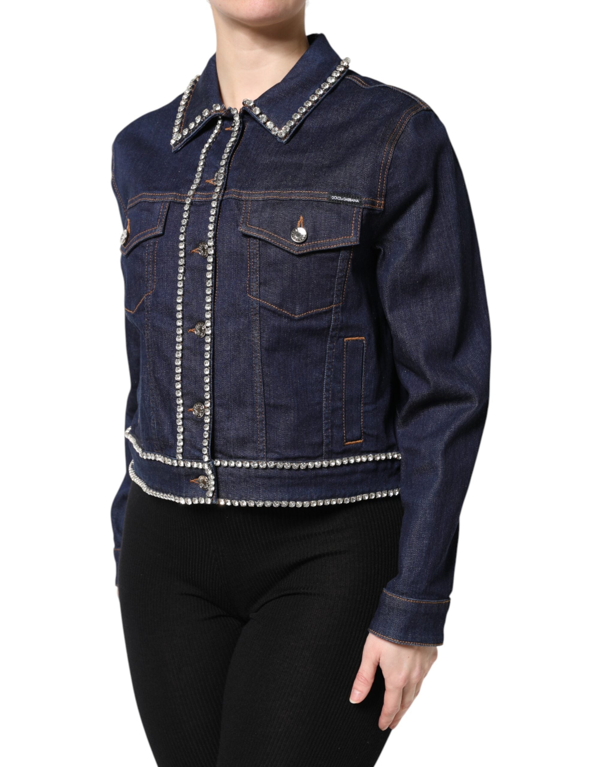 Blue Denim Cotton Crystal Embellished Jacket - ventzia
