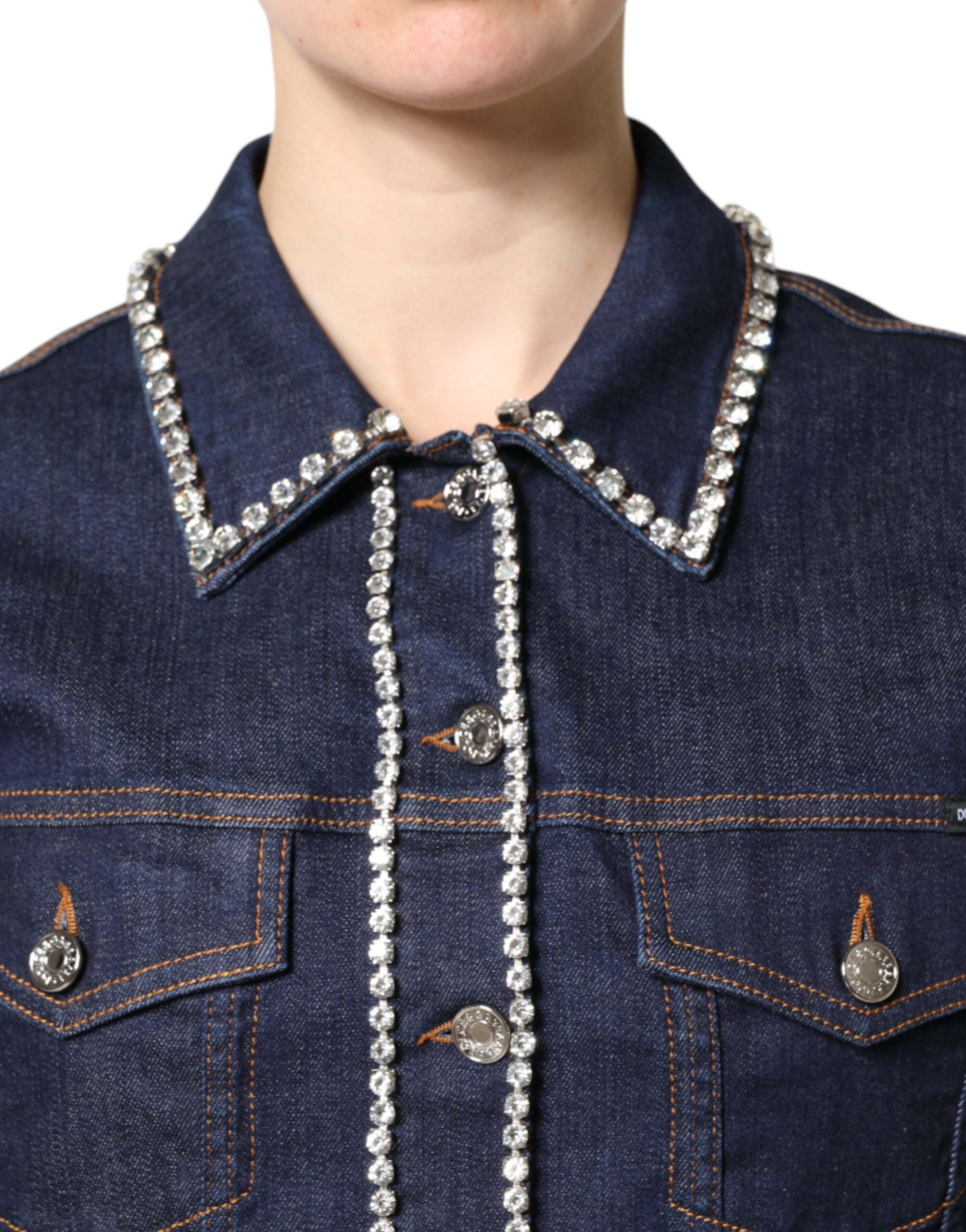 Blue Denim Cotton Crystal Embellished Jacket - ventzia