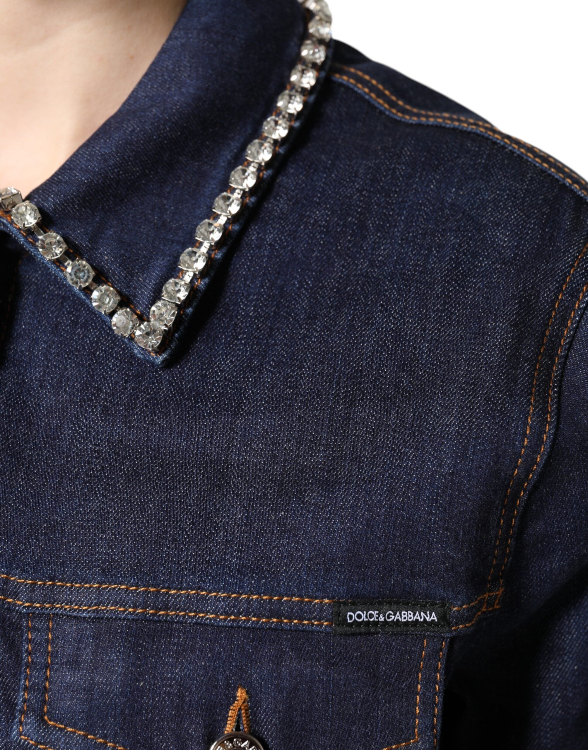 Blue Denim Cotton Crystal Embellished Jacket - ventzia