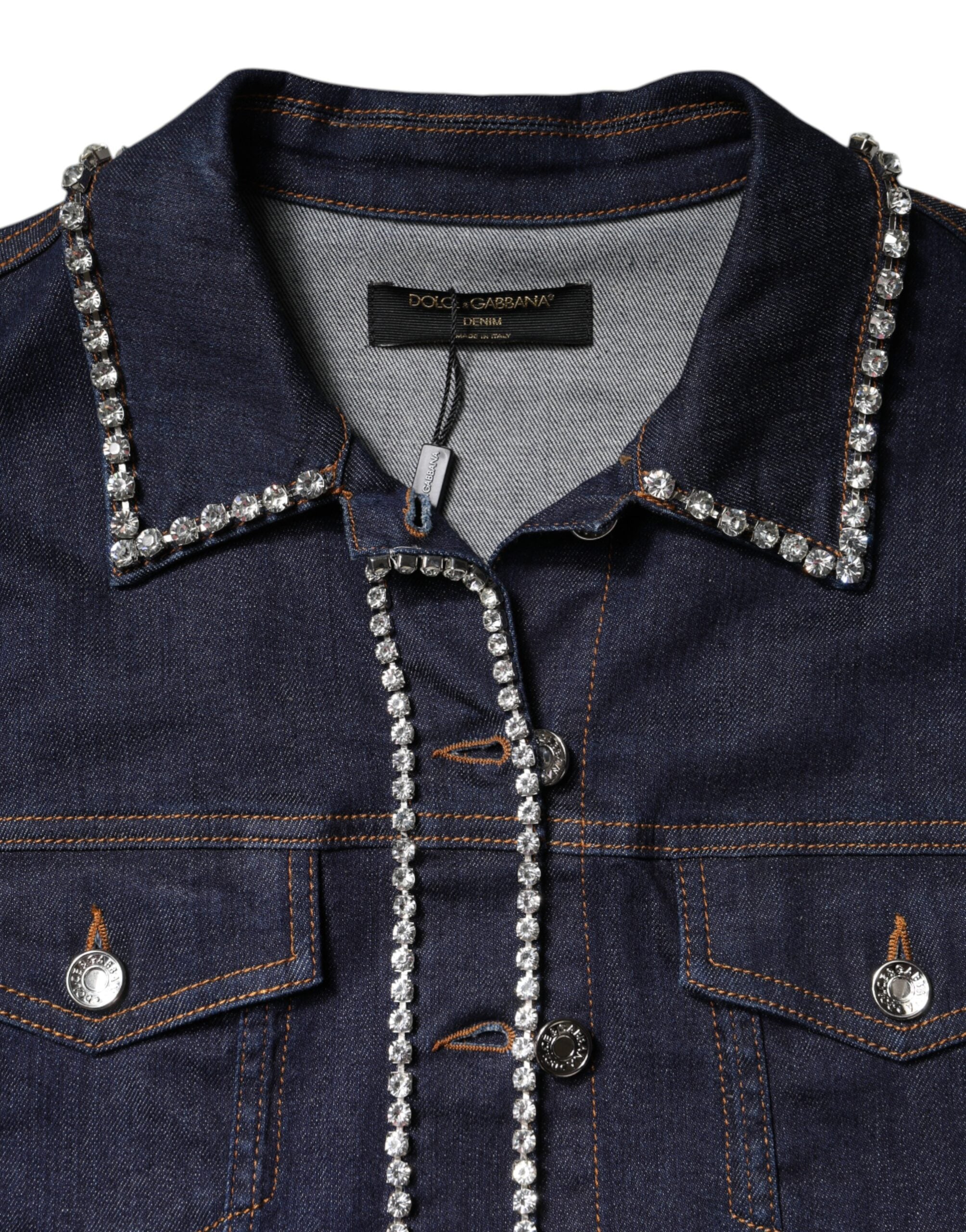 Blue Denim Cotton Crystal Embellished Jacket - ventzia