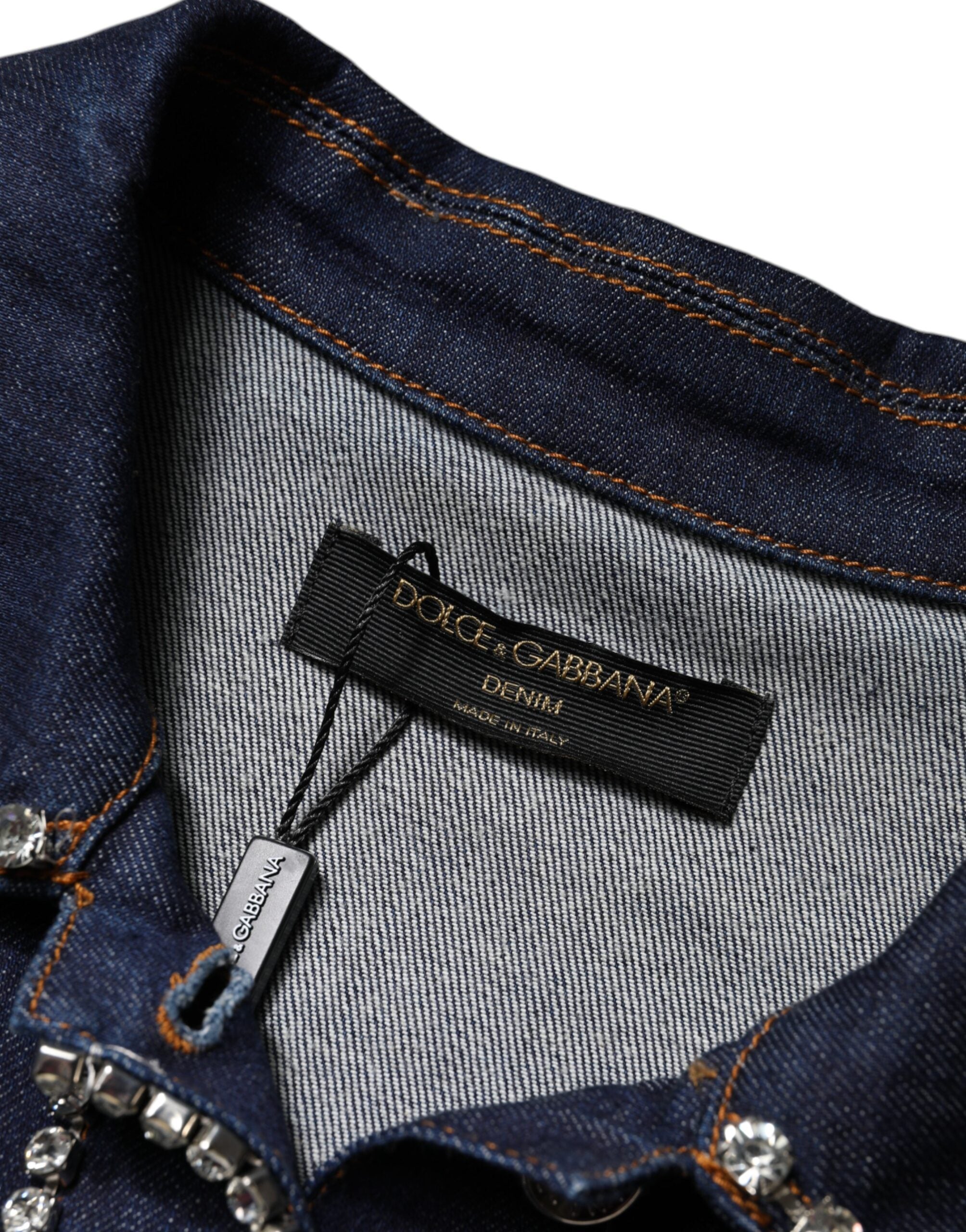 Blue Denim Cotton Crystal Embellished Jacket - ventzia