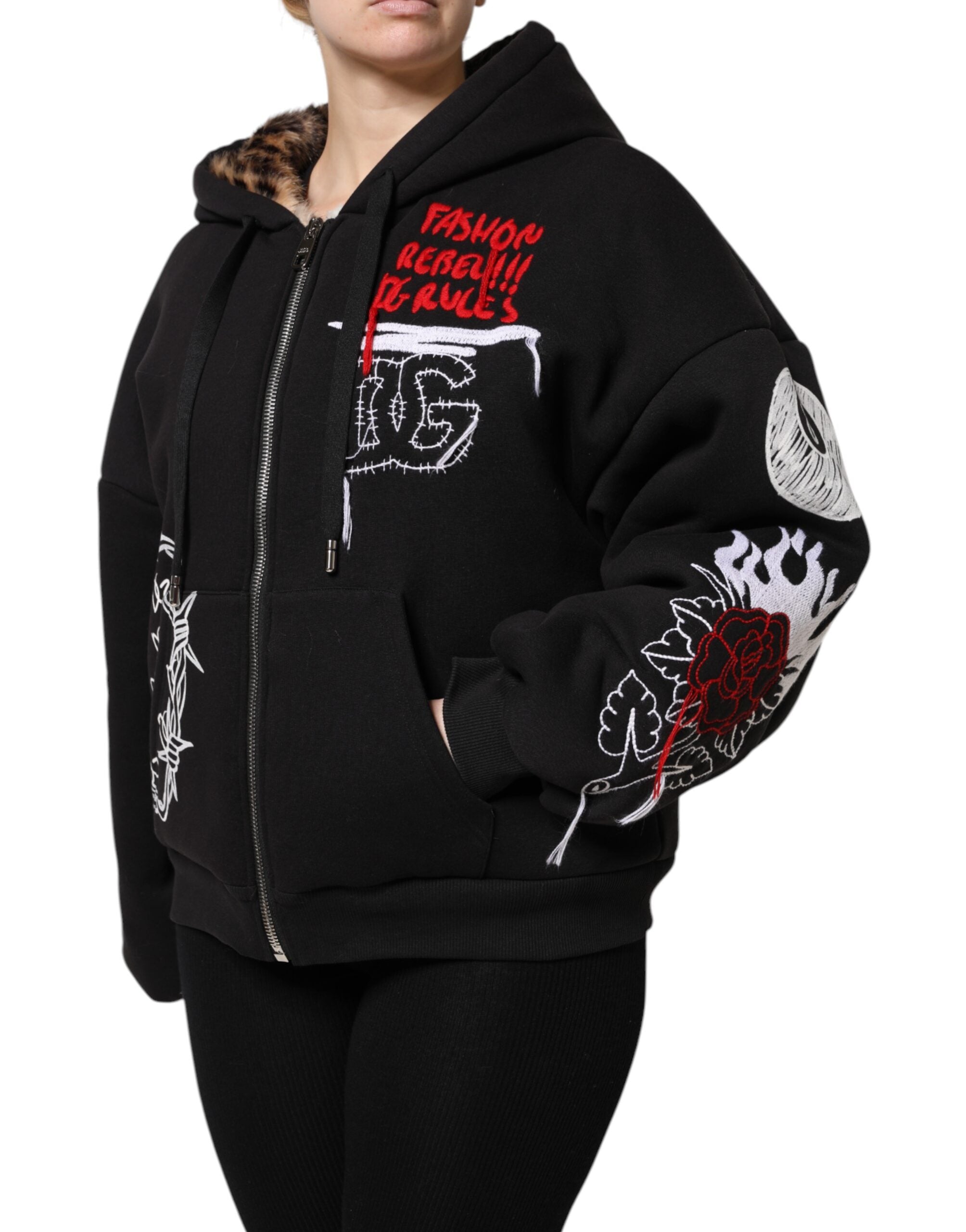 Black Embroidered Full Zip Hooded Jacket - ventzia