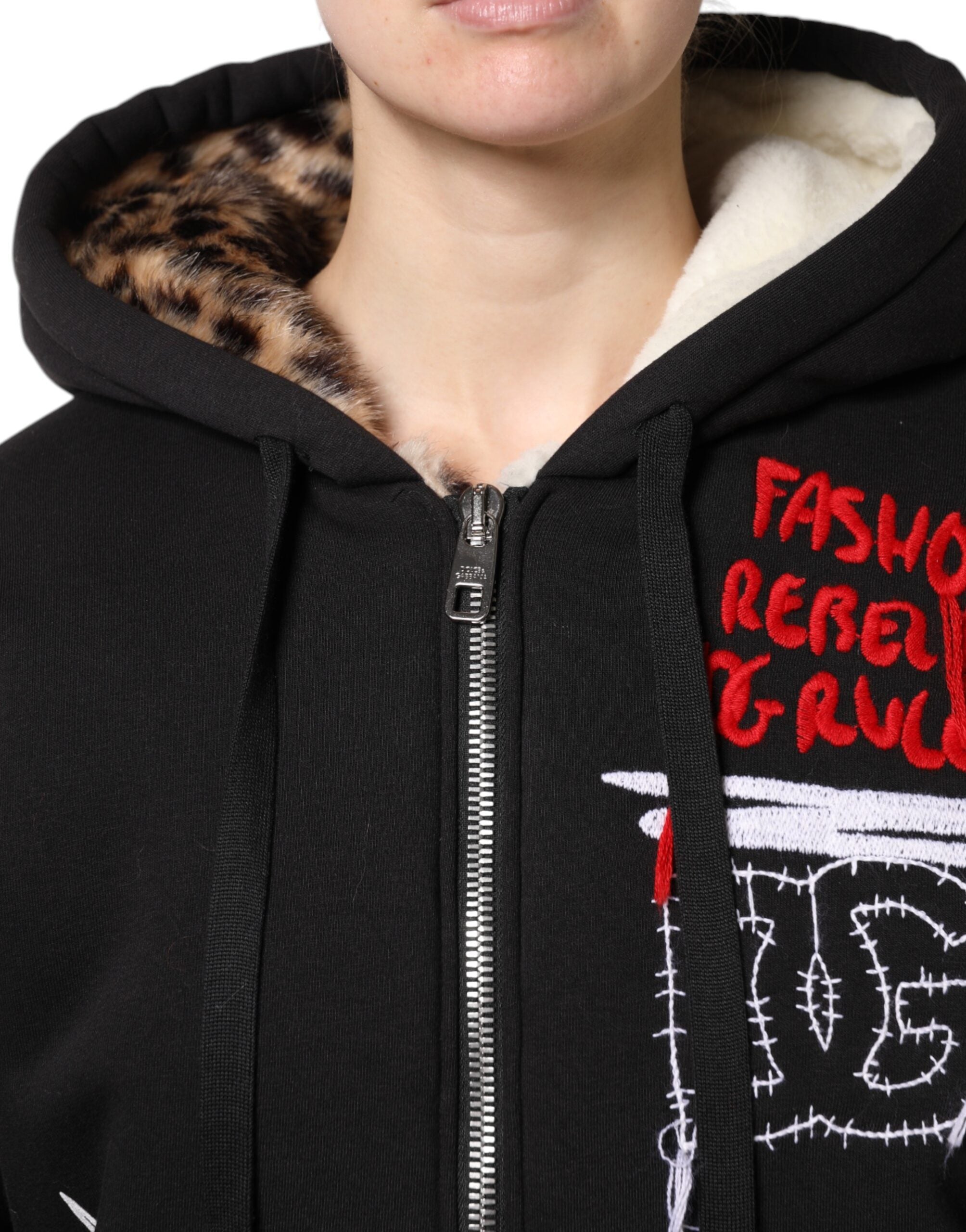 Black Embroidered Full Zip Hooded Jacket - ventzia
