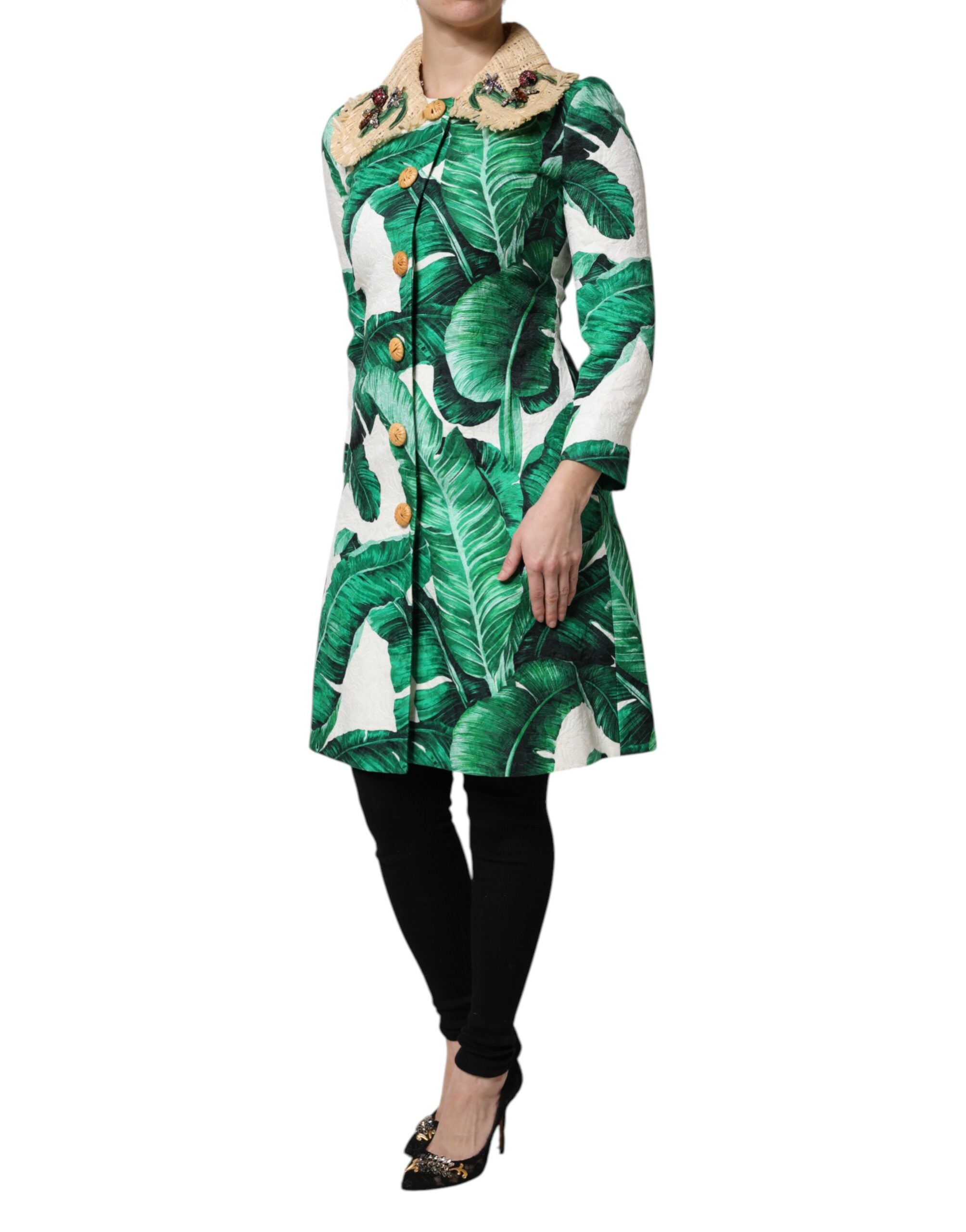 Multicolor Leaf Print Embellished Trenchcoat Jacket - ventzia