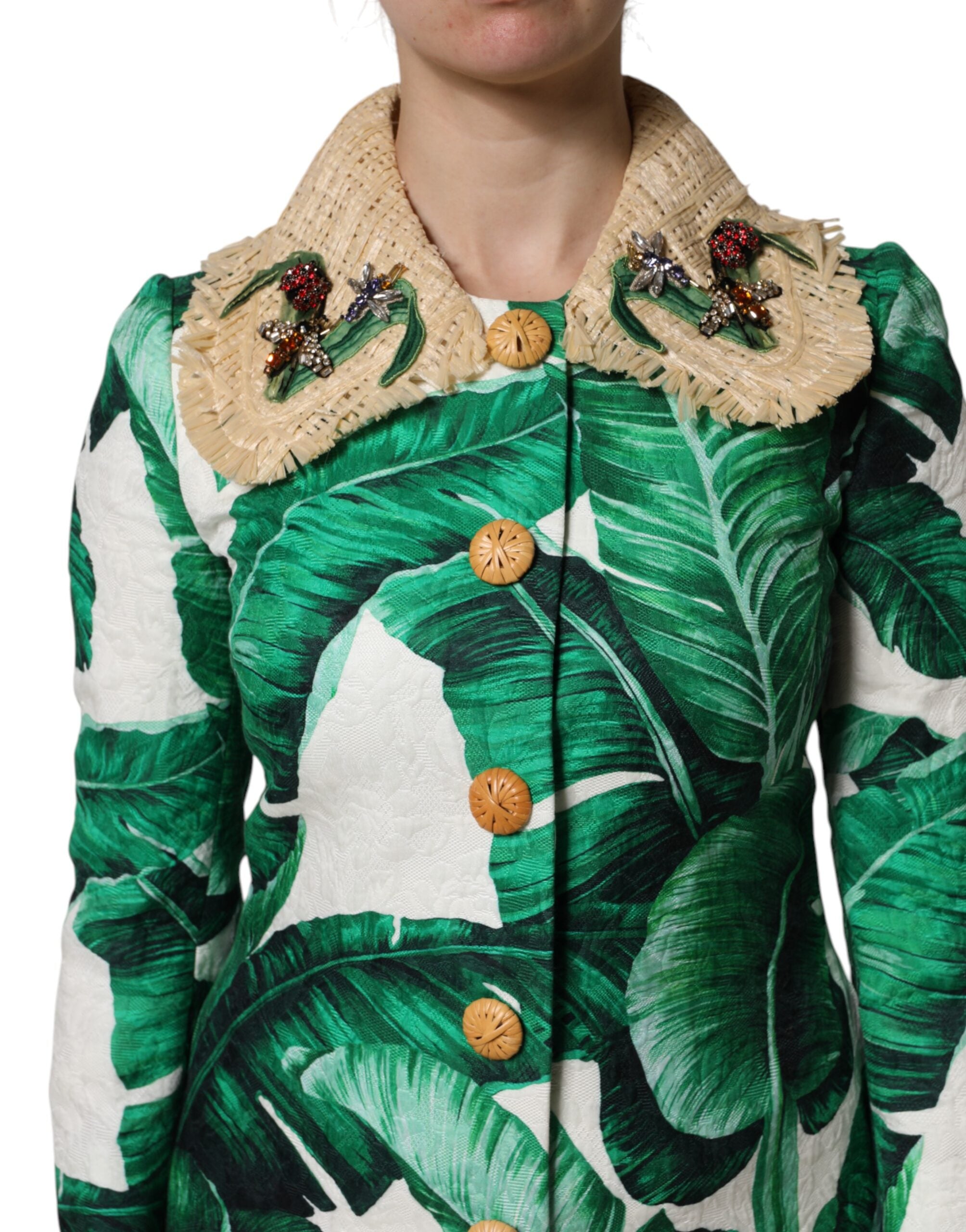 Multicolor Leaf Print Embellished Trenchcoat Jacket - ventzia