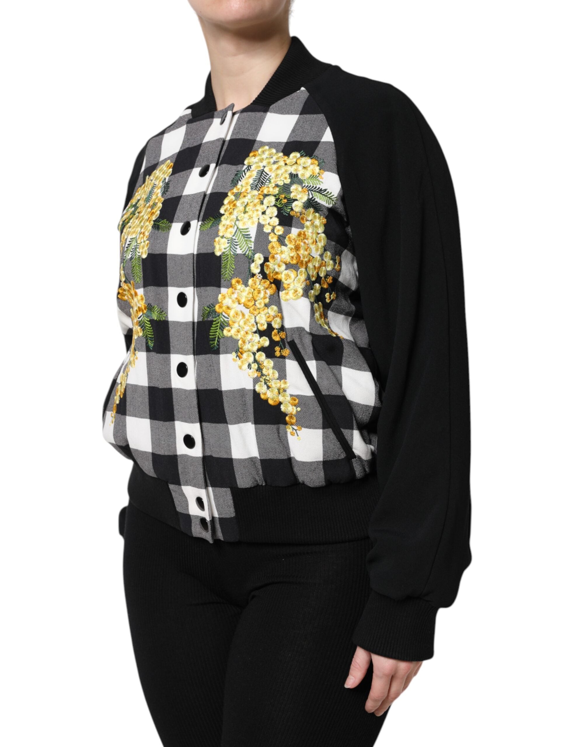 Black White Check Floral Button Down Jacket - ventzia