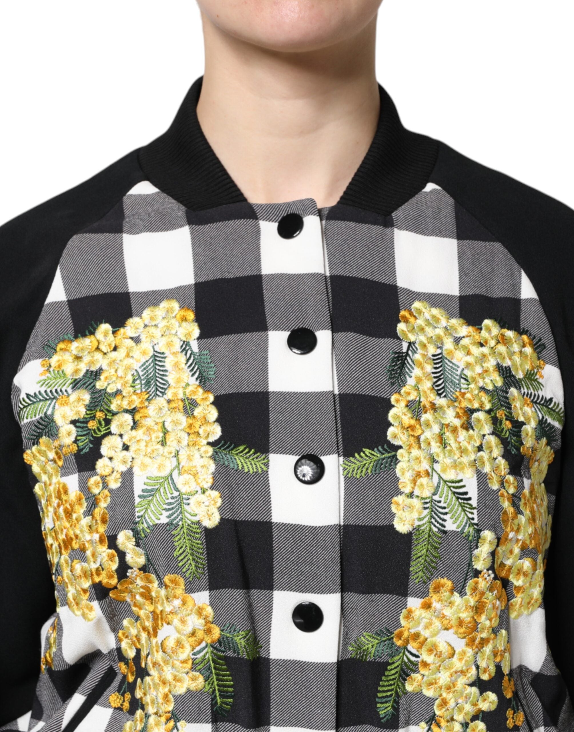 Black White Check Floral Button Down Jacket - ventzia