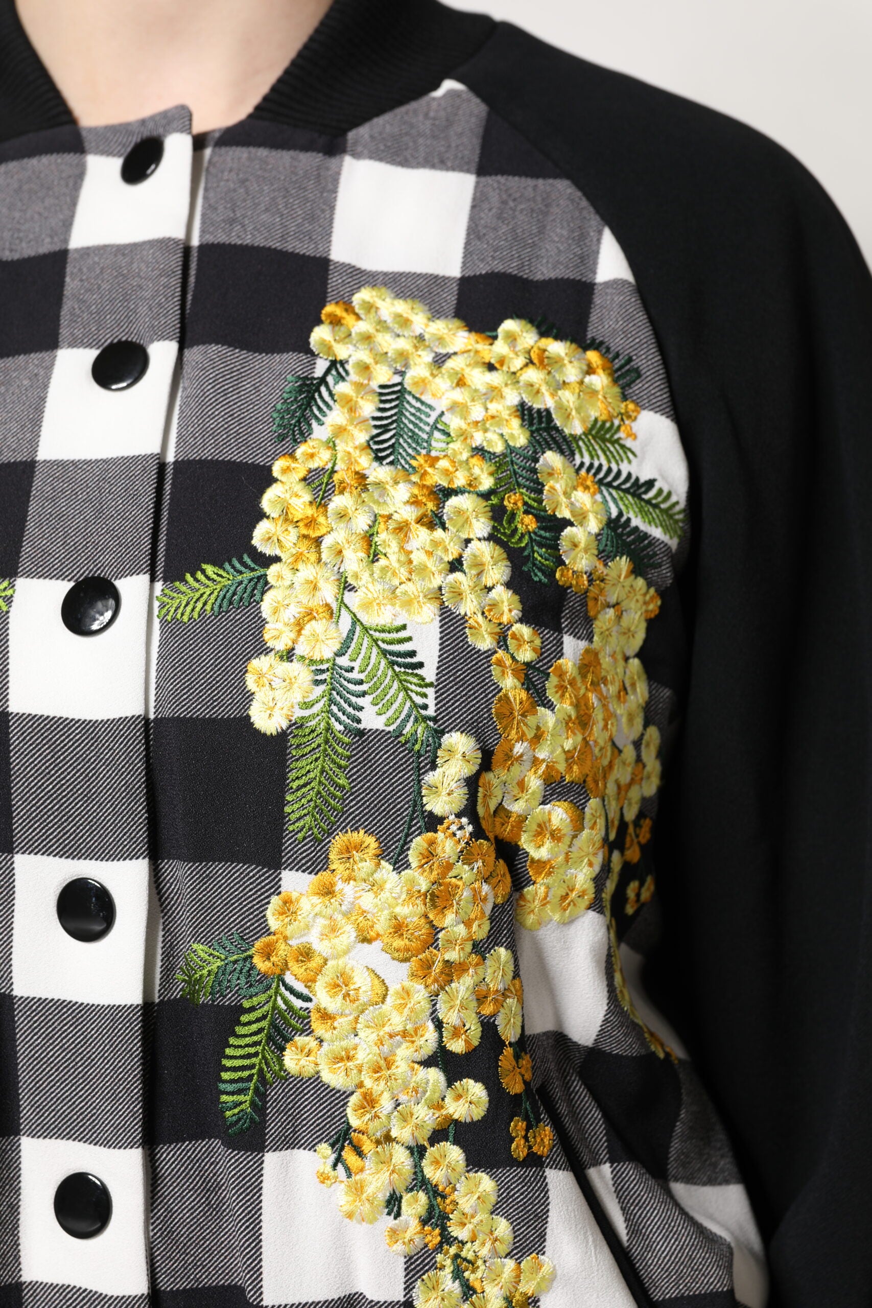 Black White Check Floral Button Down Jacket - ventzia