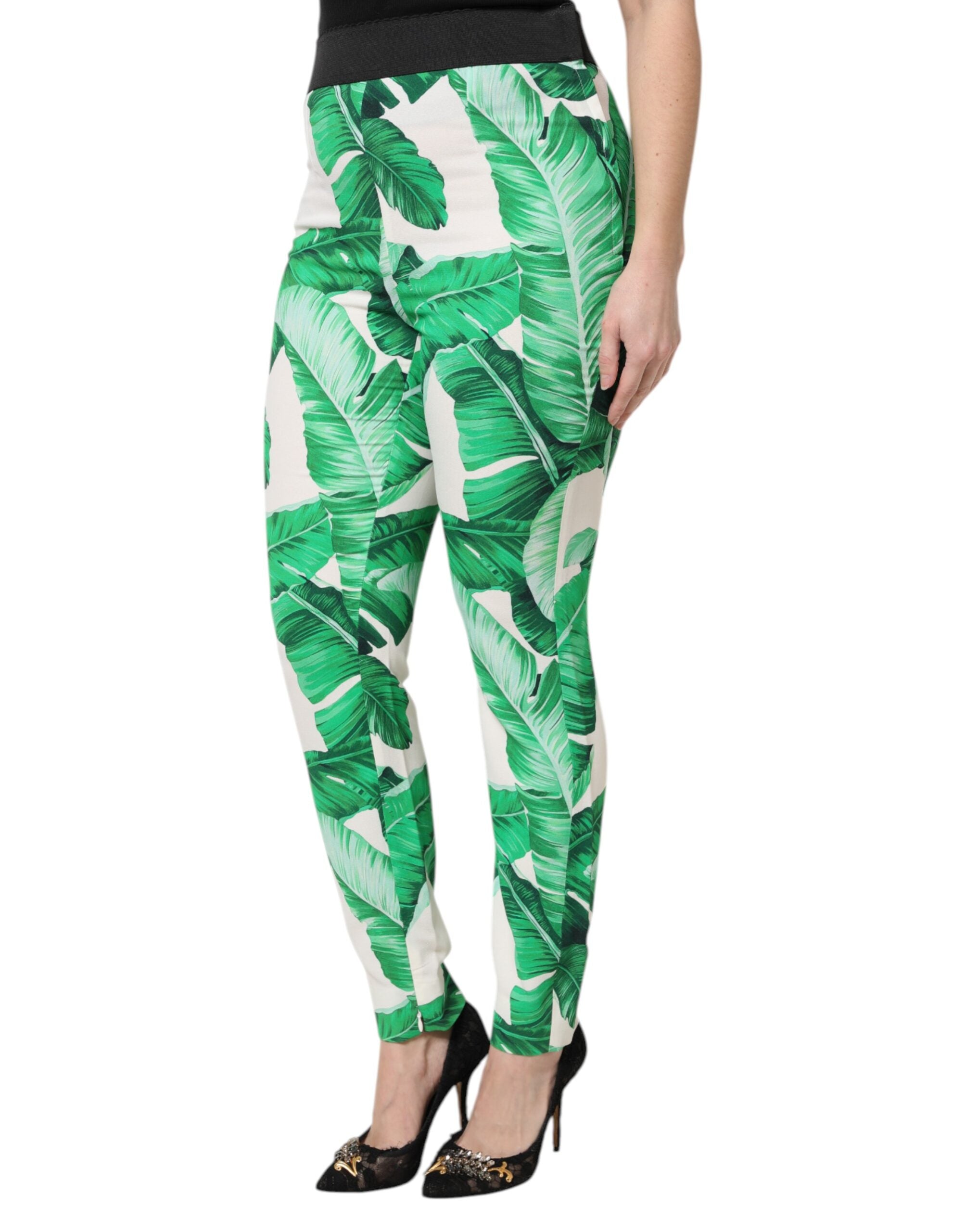 White Green Leaf High Waist Pants - ventzia