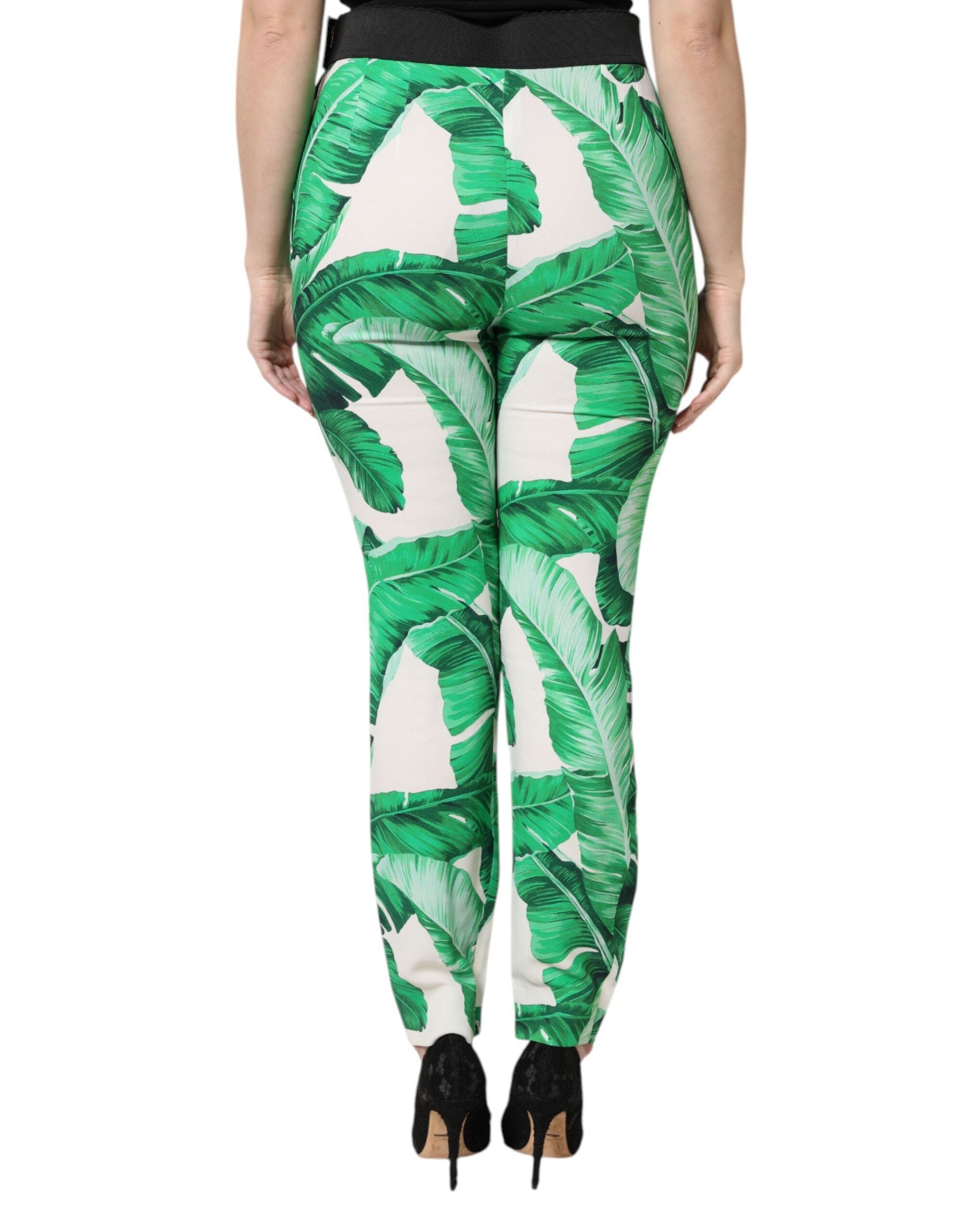 White Green Leaf High Waist Pants - ventzia