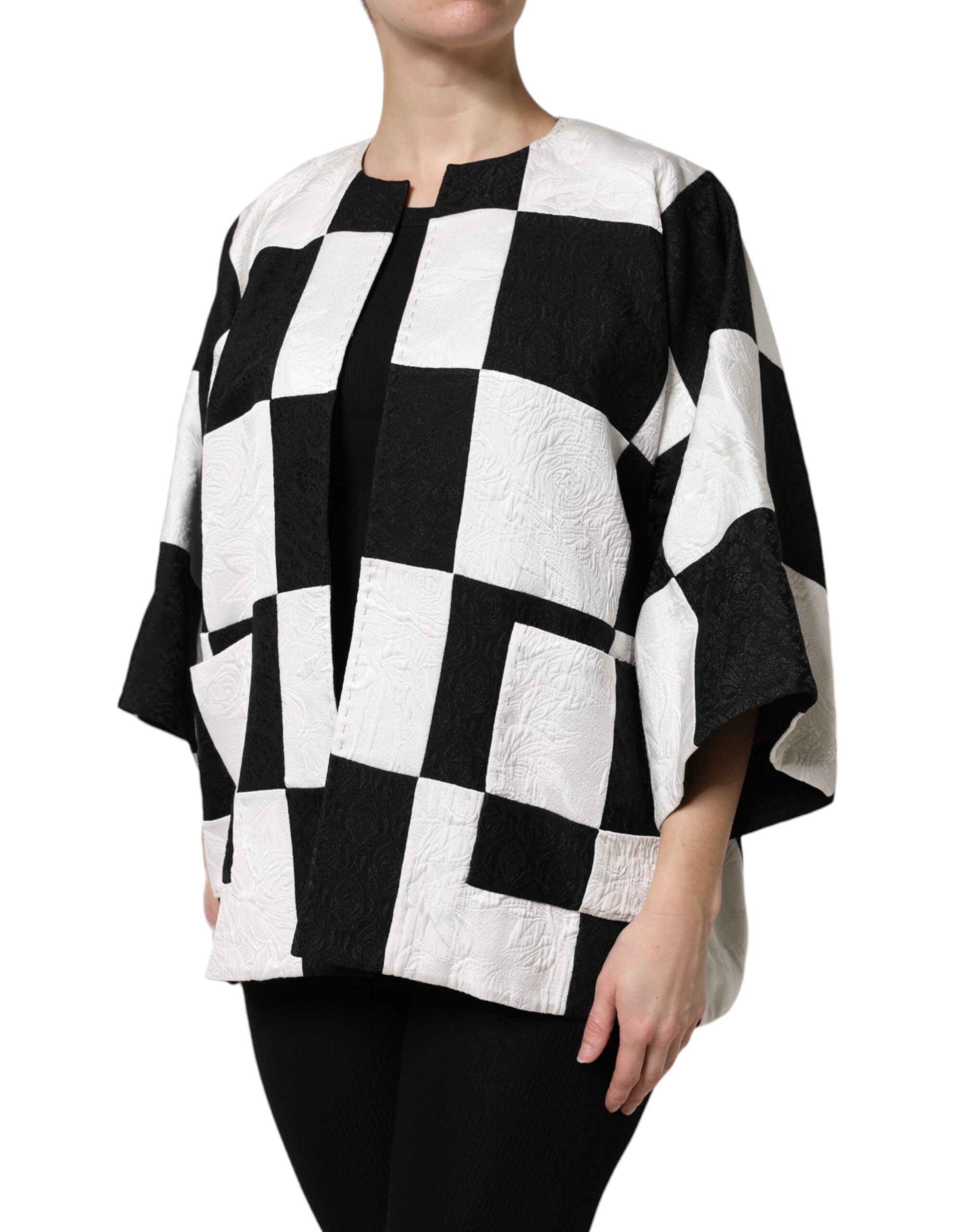 White Black Patchwork Jacquard Blazer Jacket - ventzia