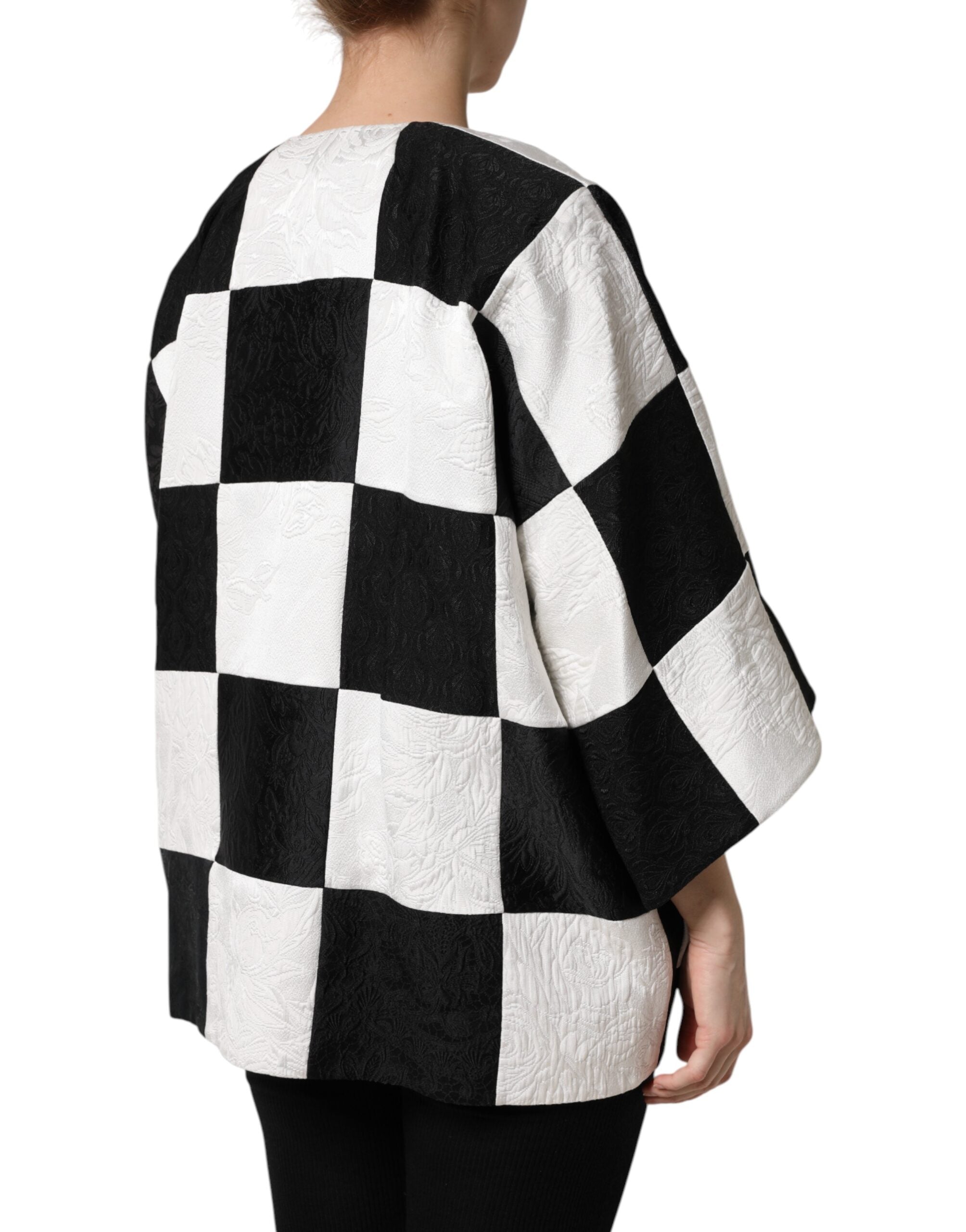 White Black Patchwork Jacquard Blazer Jacket - ventzia