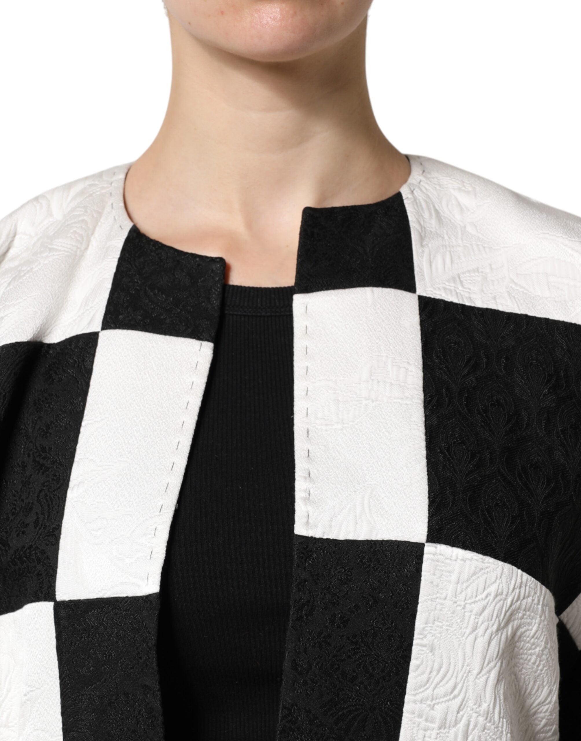 White Black Patchwork Jacquard Blazer Jacket - ventzia