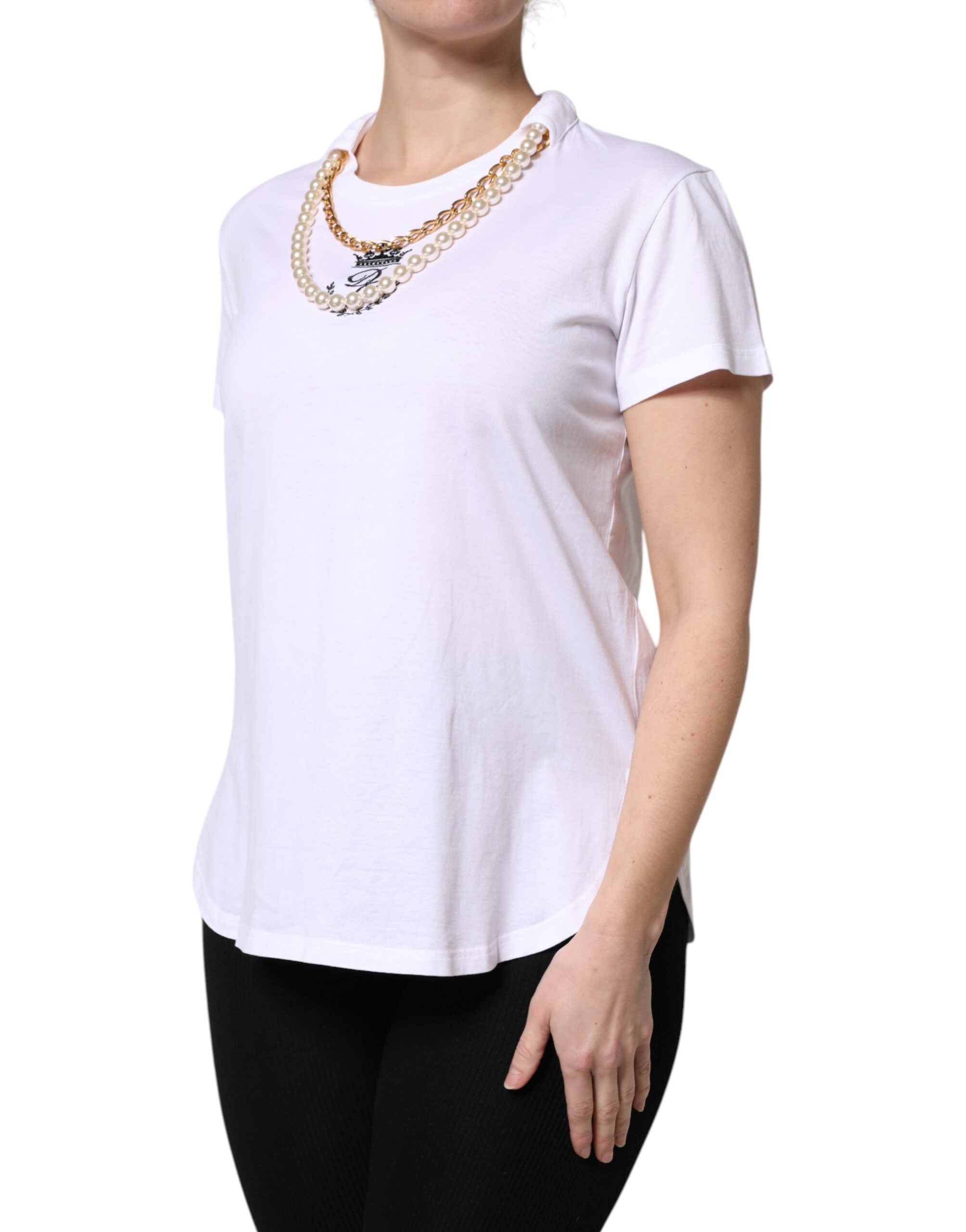 White Chain Pearl Cotton Round Neck T-shirt - ventzia