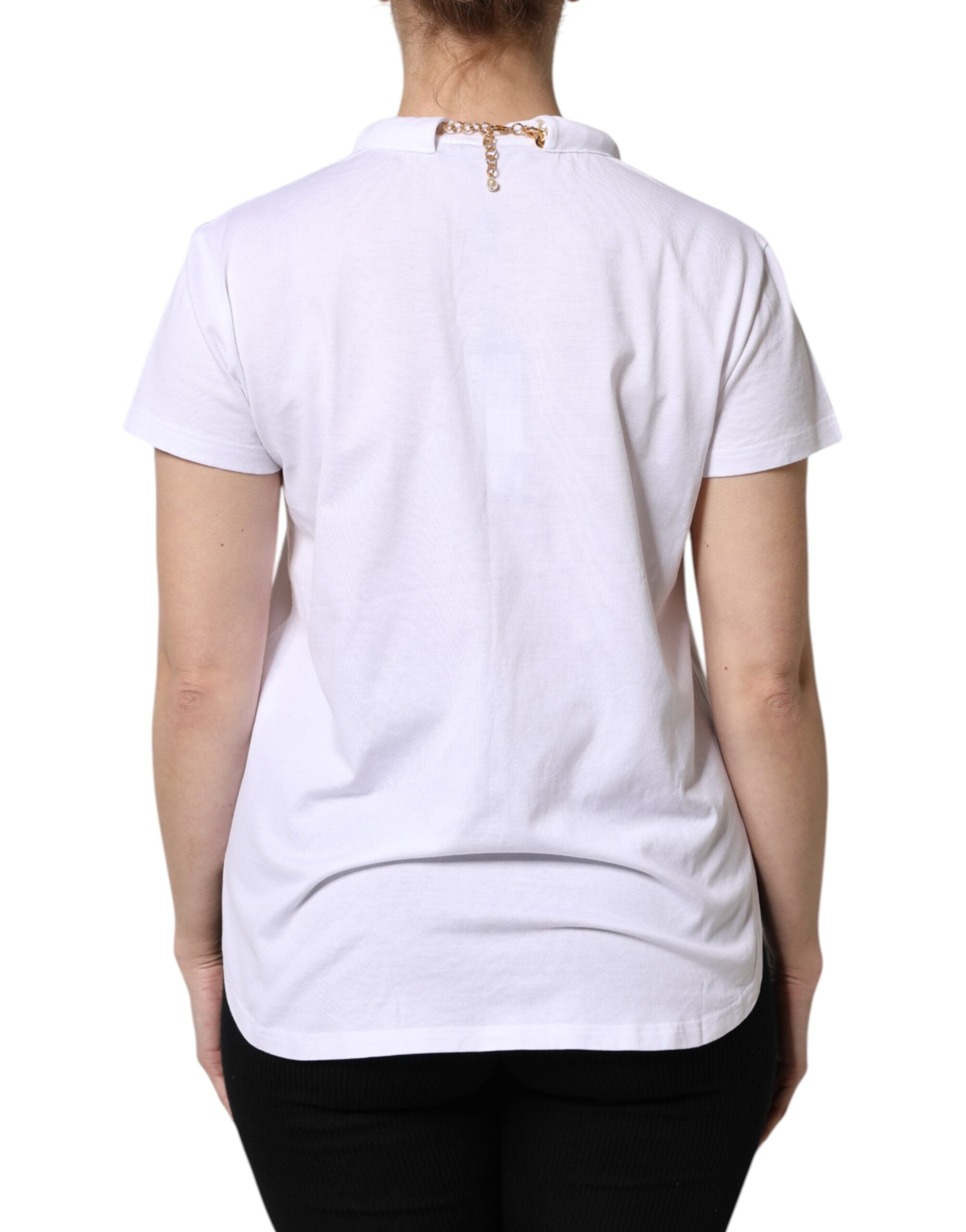 White Chain Pearl Cotton Round Neck T-shirt - ventzia