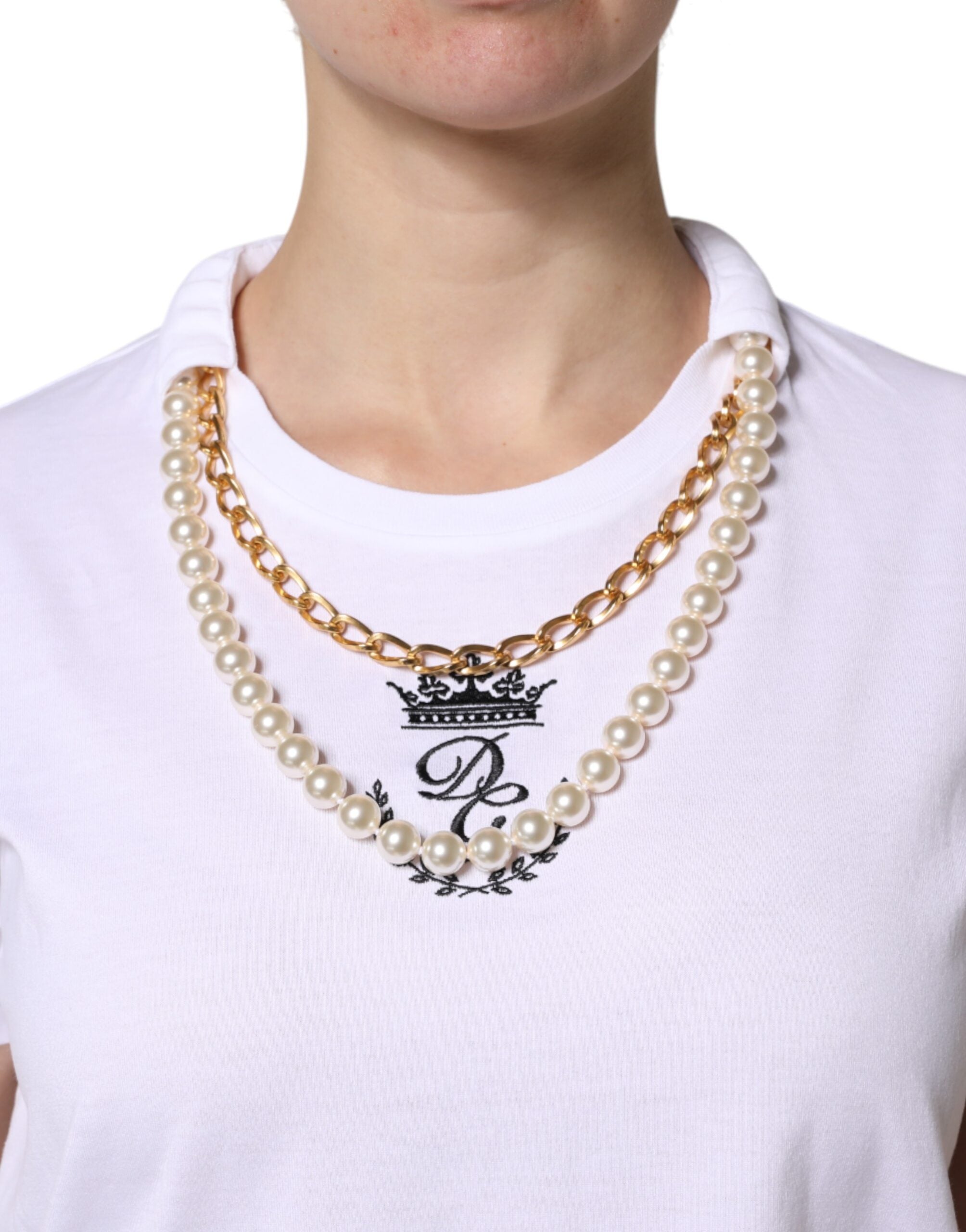 White Chain Pearl Cotton Round Neck T-shirt - ventzia