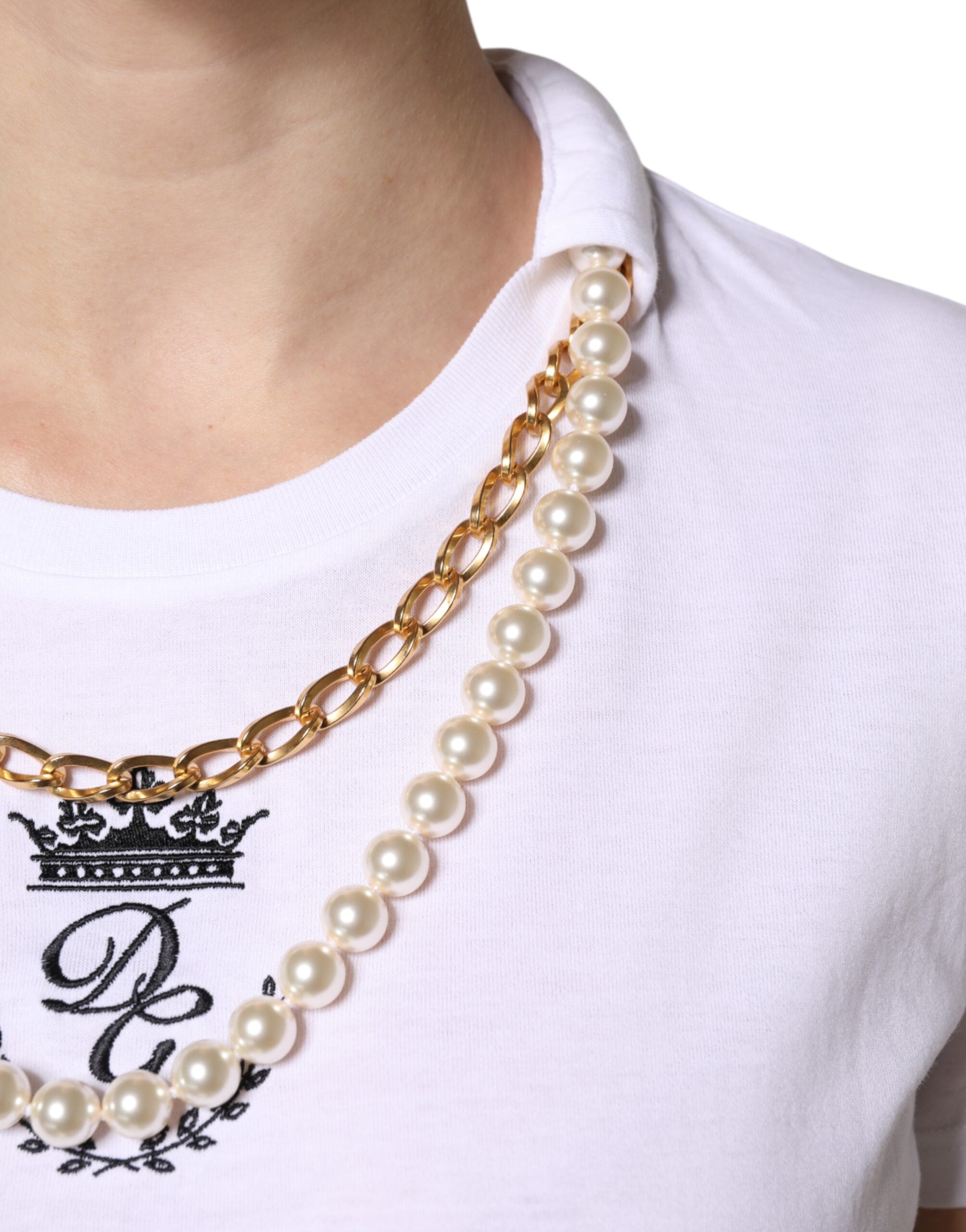 White Chain Pearl Cotton Round Neck T-shirt - ventzia
