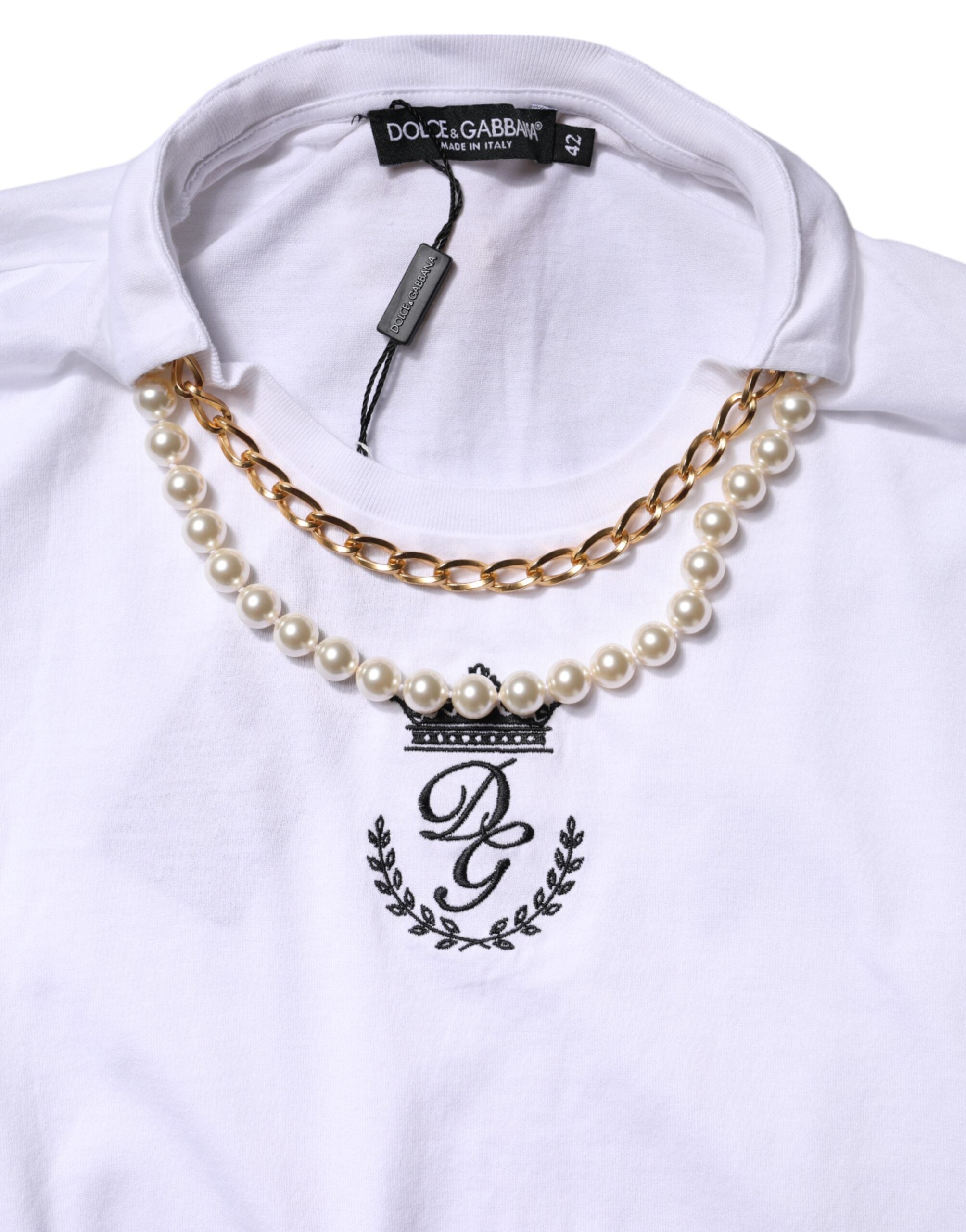 White Chain Pearl Cotton Round Neck T-shirt - ventzia