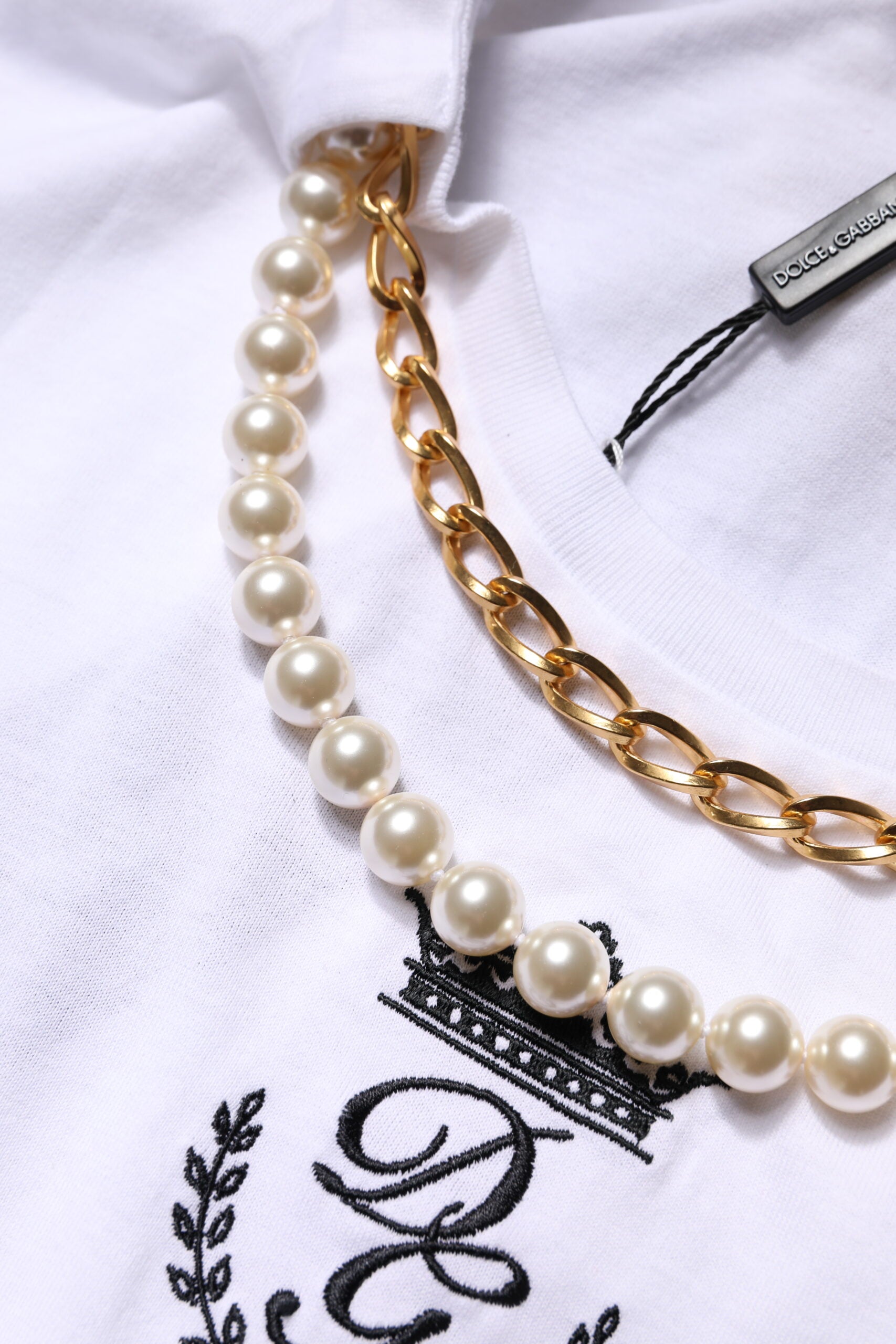 White Chain Pearl Cotton Round Neck T-shirt - ventzia