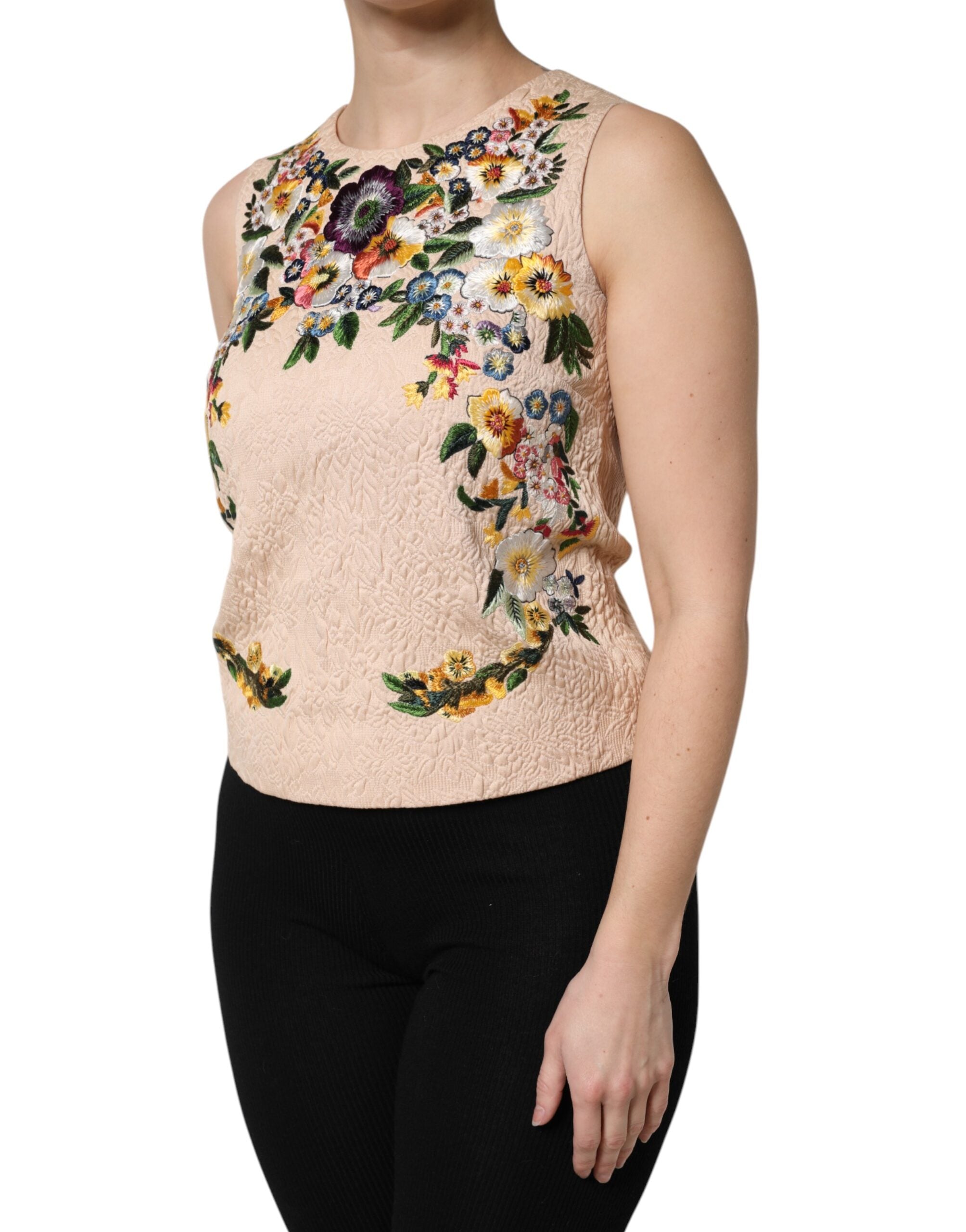 Beige Floral Embroidery Sleeveless Tank Top - ventzia