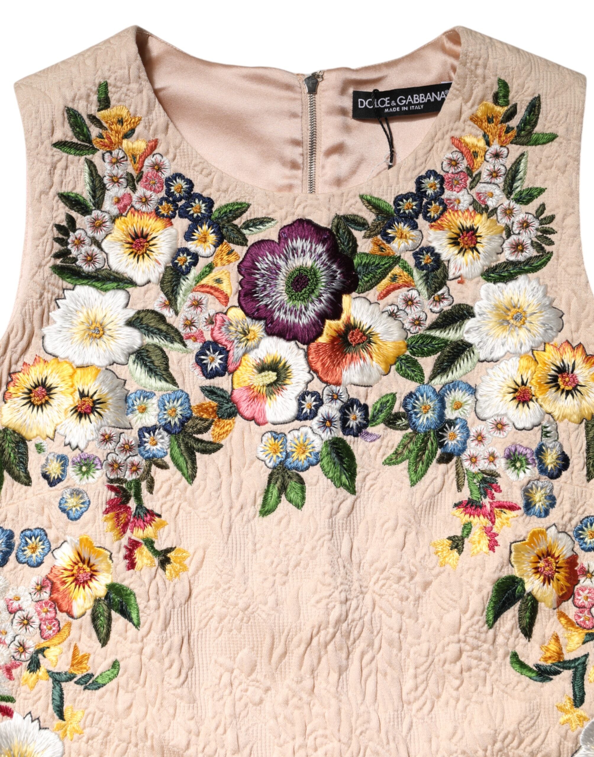 Beige Floral Embroidery Sleeveless Tank Top - ventzia