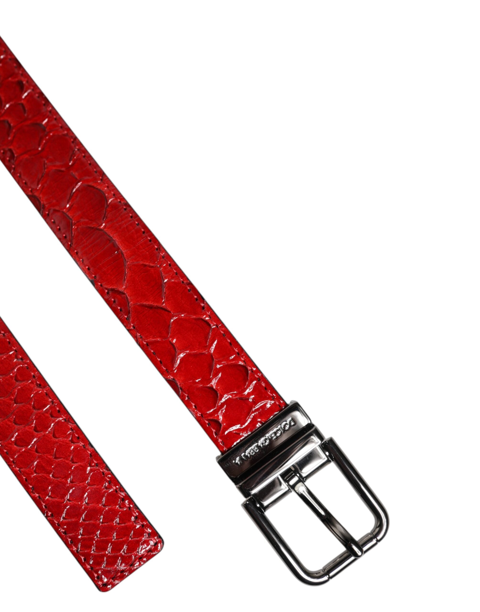 Red Exotic Leather Brass Metal Buckle Belt - ventzia