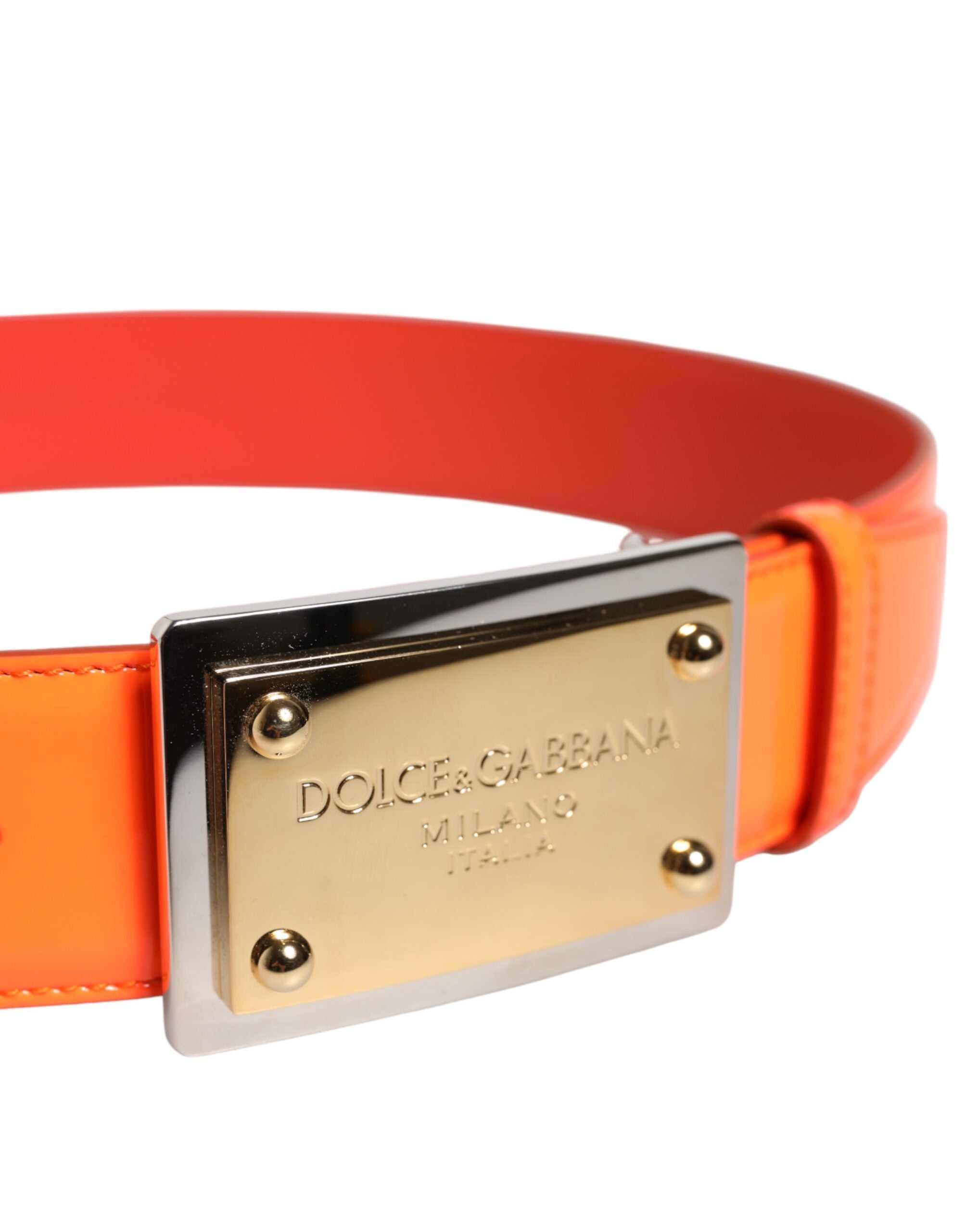 Orange Gold Tone Metal Logo Buckle Belt - ventzia